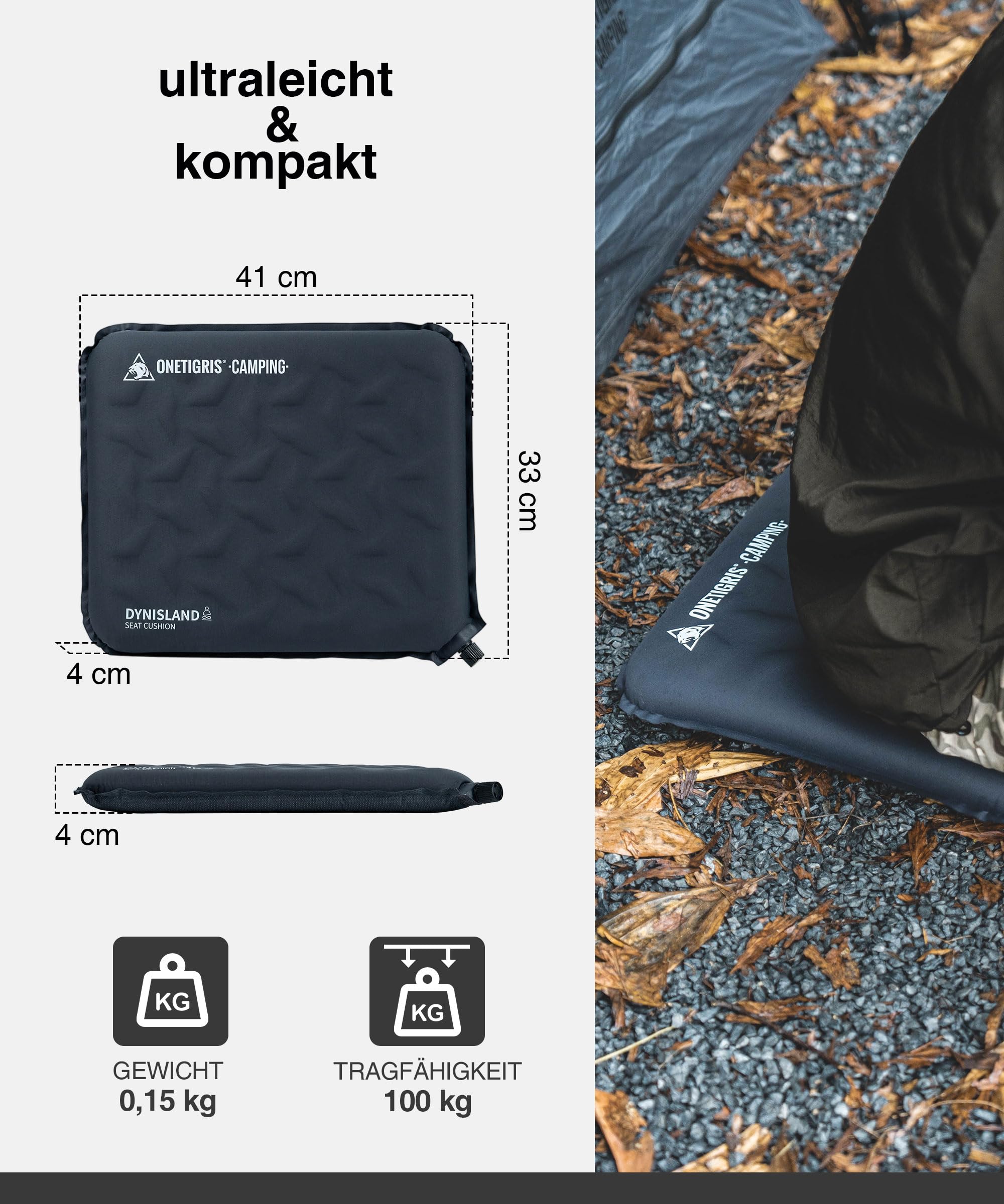 OneTigris DYNISLAND Cojín de asiento autoinflable, 41 x 33 x 4 cm, cojín plegable para exteriores, para camping, ultraligero, 150 g, cojín hinchable para senderismo, picnic y estadio (gris), 2