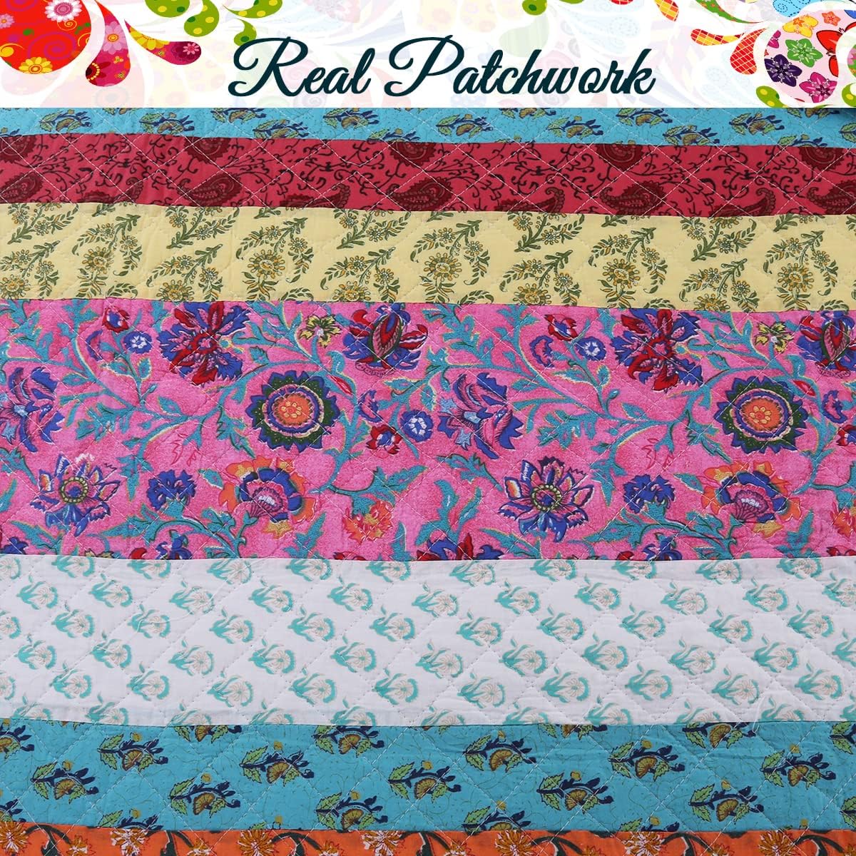 Cozy Line Home Fashions Floral Stripe Rainbow Bohemian 3-Piece Patchwork Red Orange Yellow Green Blue Purple Pink Cotton Queen Quilt Bedding Set