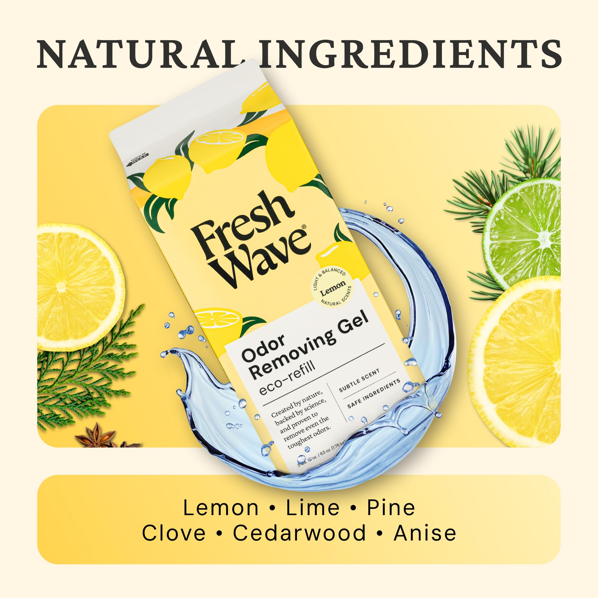 Fresh Wave Recambio de gel eliminador de olores de limón, 60 onzas, absorbentes de olores más seguros para el hogar, eliminador de olores natural a base de plantas, cada 15 onzas, dura de 30 a 60 días