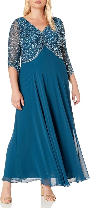 J Kara Womens Petite 3/4 Sleeve V-Neck Beaded Top Long Gown