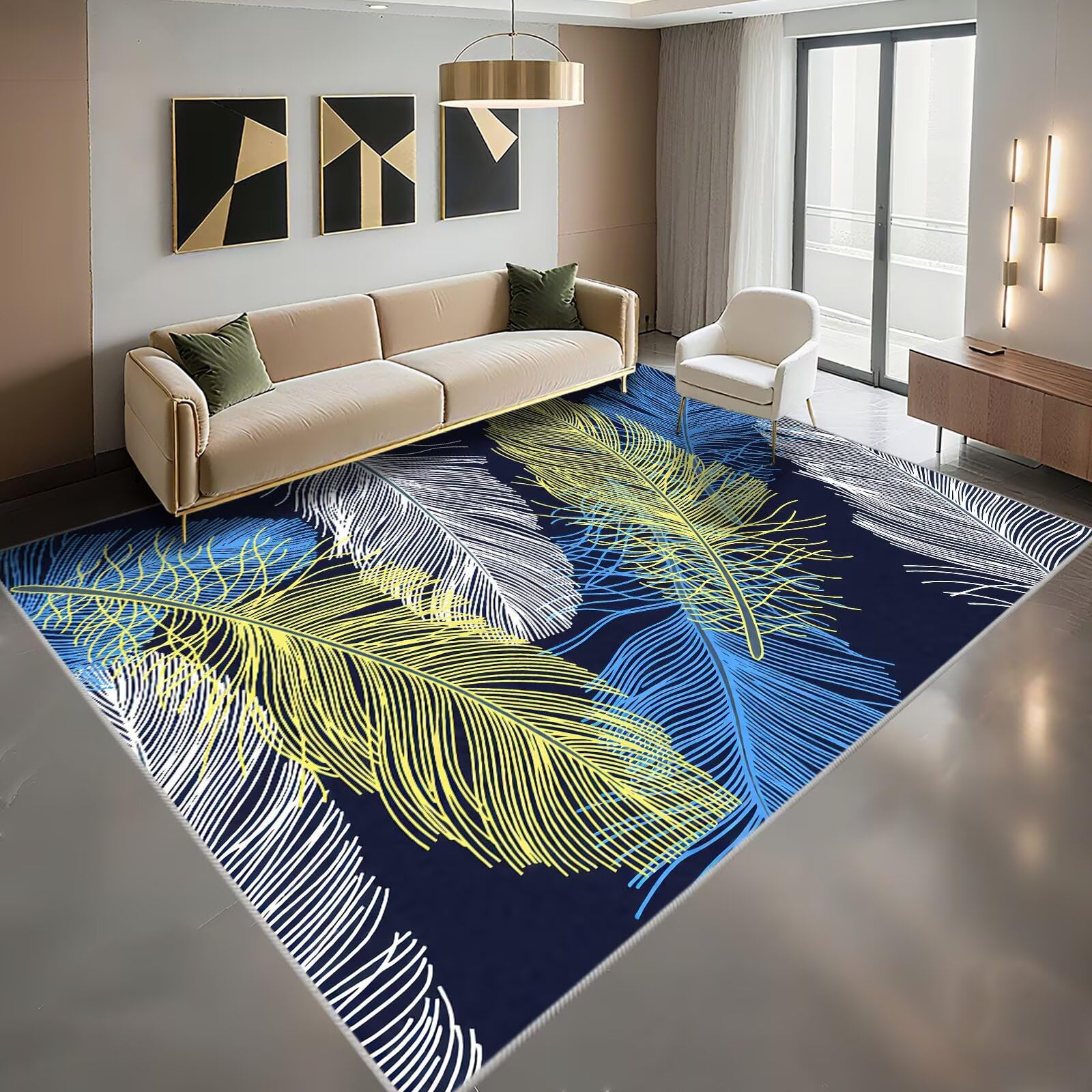 Tapis de salon bleu jaune 160x200 et tapis chambre moderne plume