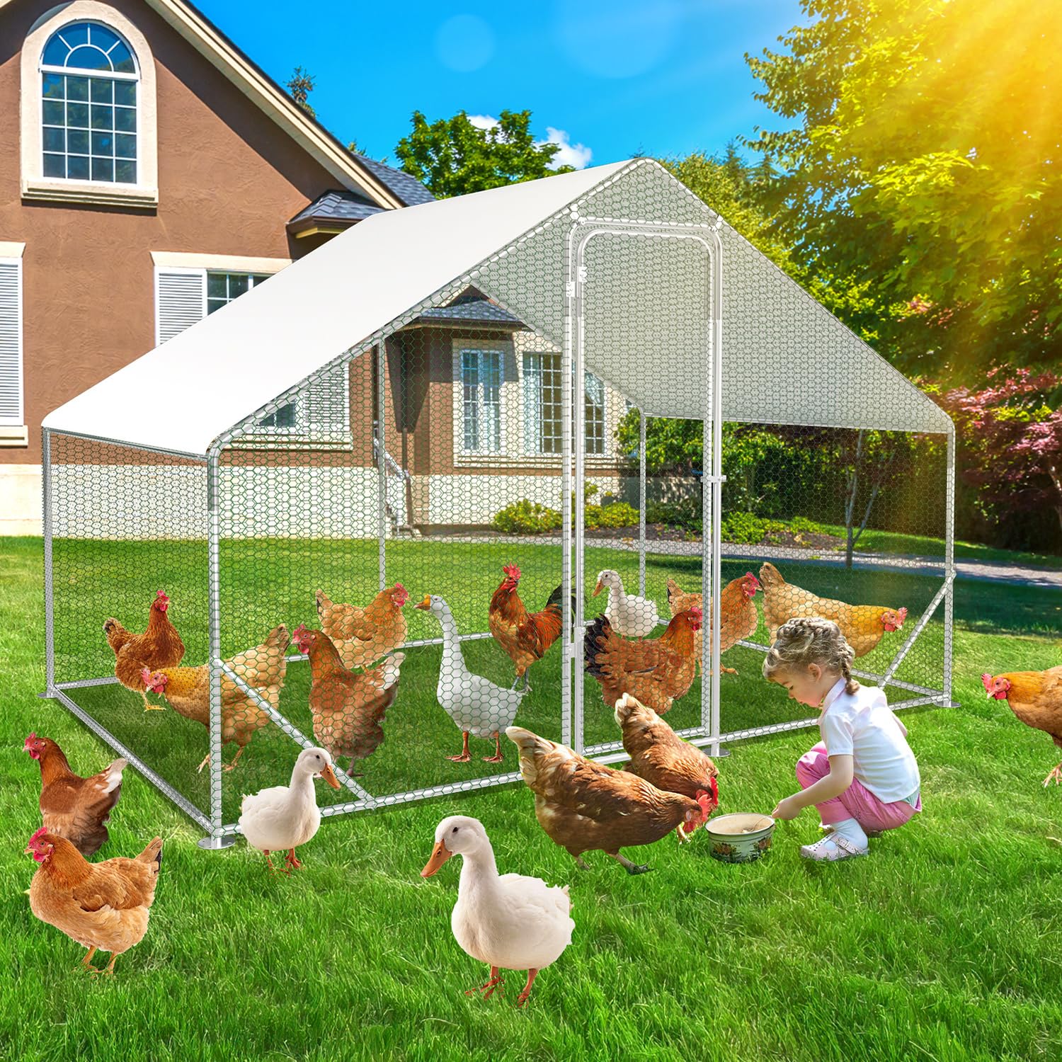 Gallinero con zona libre, 3x2x2m con cerradura de seguridad y tela impermeable de PE, fácil de limpiar, zona libre para gallinas, jaula para pájaros, pequeños animales y plantas