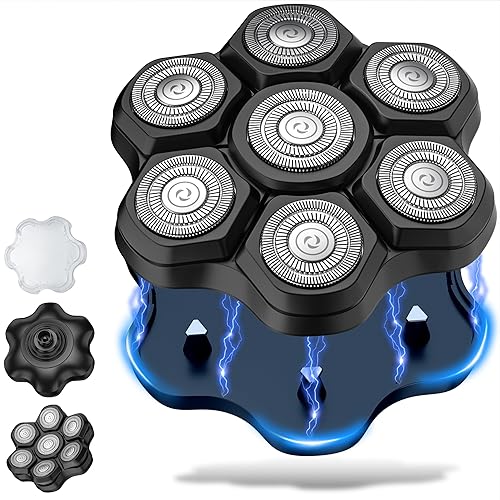 Miniatura 48 de Cabezales de repuesto para afeitadora de cabeza magnética, 7 cuchillas rotativas impermeables de doble anillo para hombres calvos, compatibles