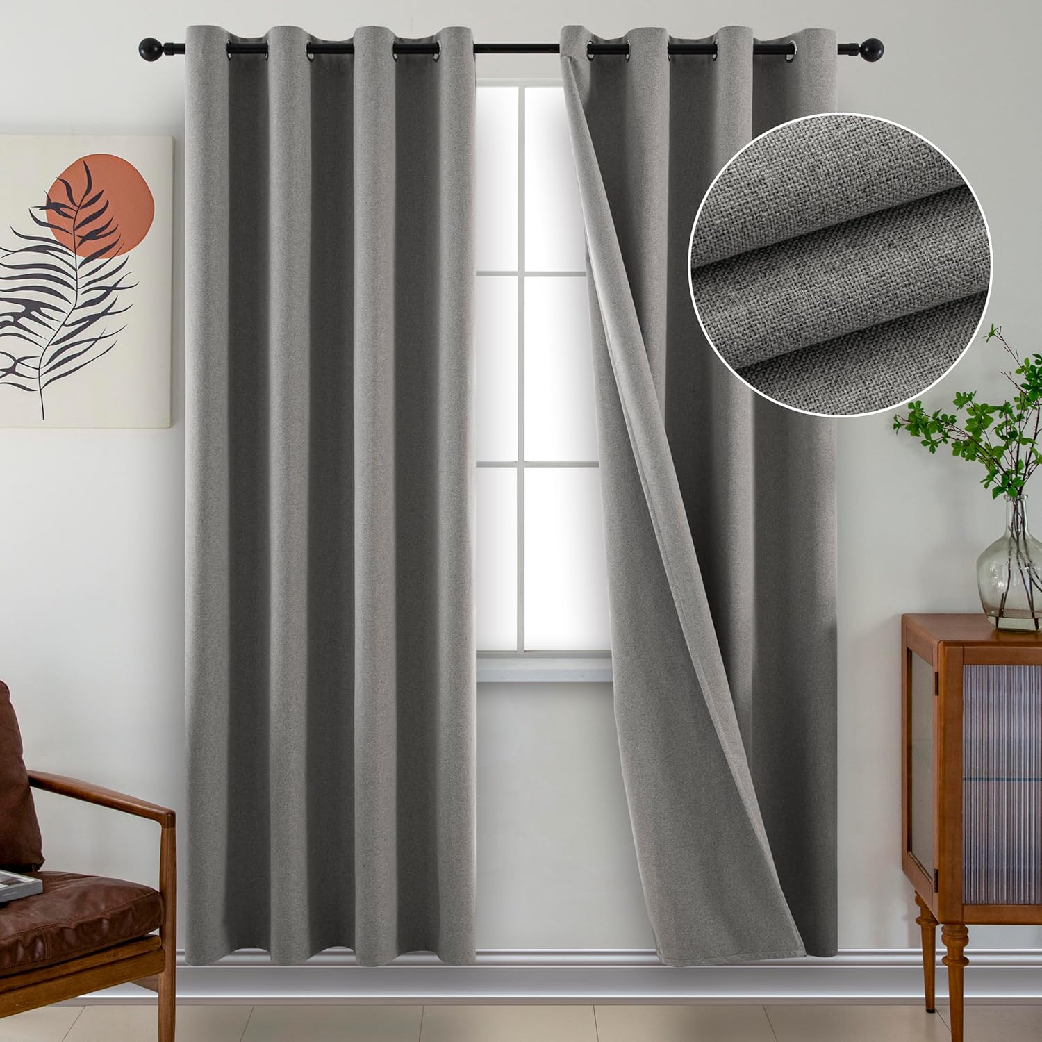 Light Grey Blackout Curtains, 84 Inches Long (2 Panels), 100% Blackout Faux Linen Room Darkening Burlap Grommet Drapes for Bedroom & Living Room (52x84 Inch, Light Grey)