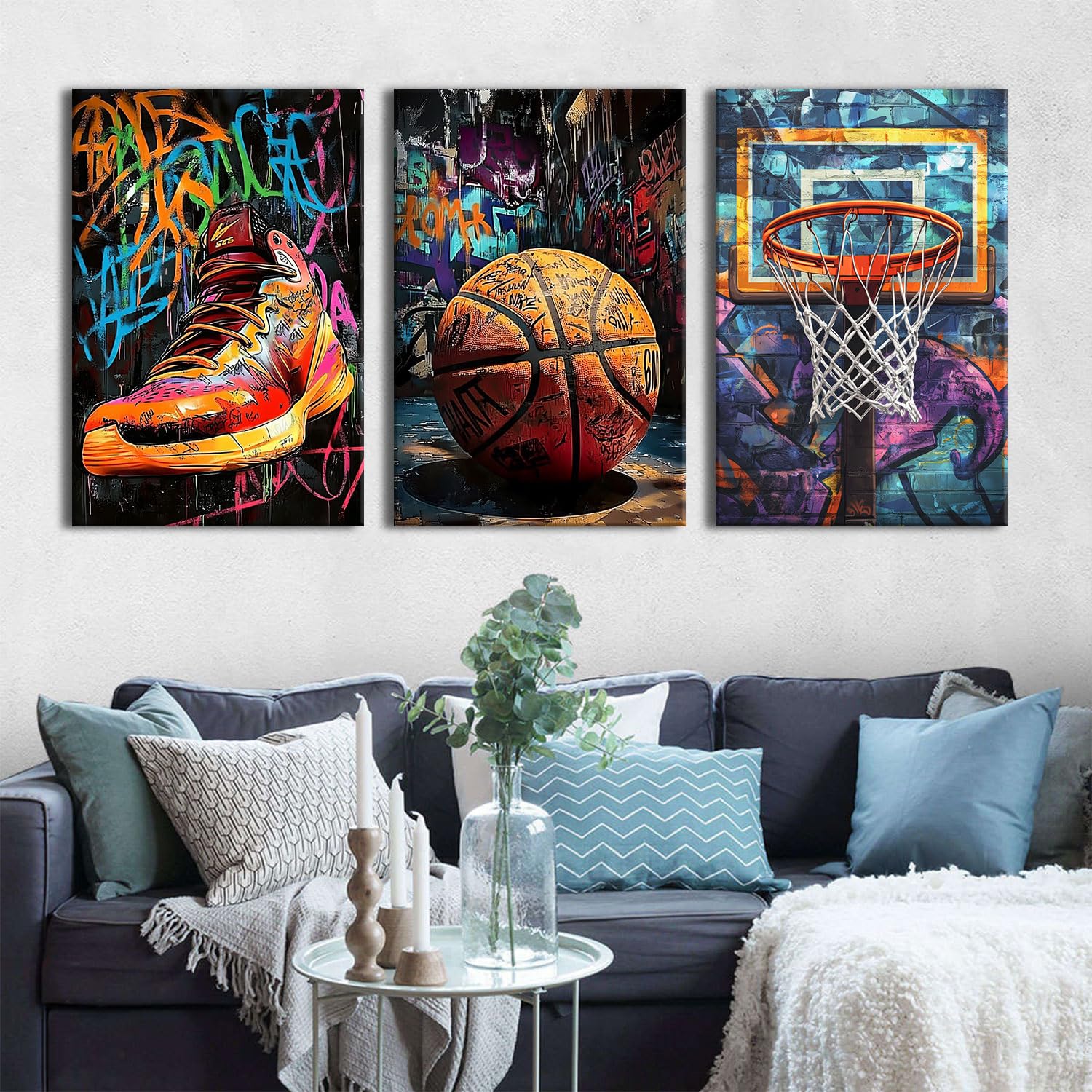 Pallacanestro Decorazione da parete Street Graffiti Nba Poster Scarpe Campo da basket Stampe su tela Astratte Moda Opere d'arte per Wall Ball Star Adolescenti Sala giochi Aula Accessori per la