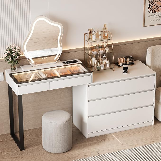 BROTTAR Vanity Dressing Tables with LED Lights, Glass Top Vanity Table ...