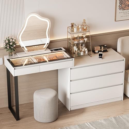 BROTTAR Vanity Dressing Tables with LED Lights, Glass Top Vanity Table Makeup Desk with Cloud-Shaped Mirror and 5 Drawers, White Dresser with Charging Station for Bedroom - Style A