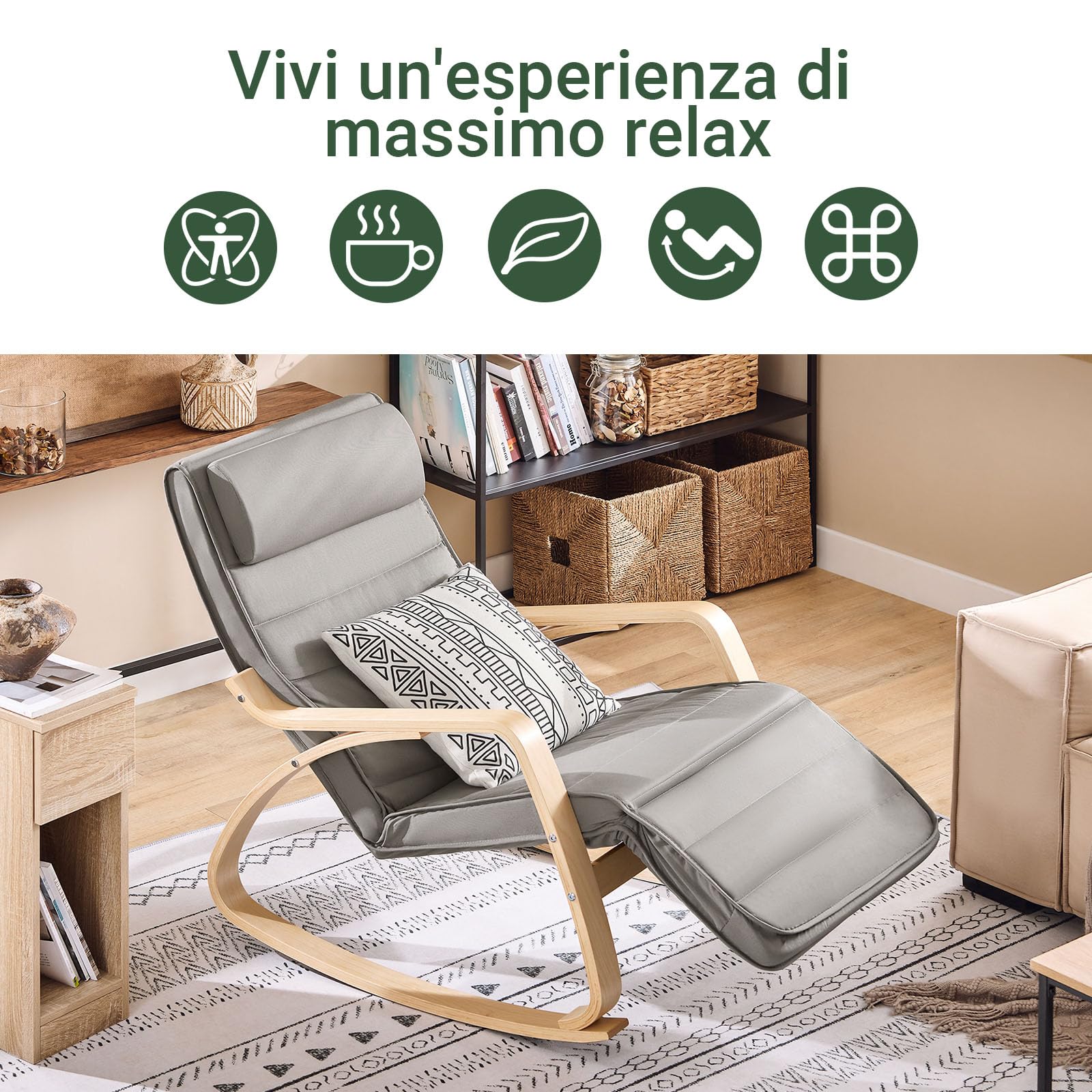 SoBuy Sedia a Dondolo – Poltrona a Dondolo con poggiapiedi e poggiatesta regolabili, Grigio FST16-DG
