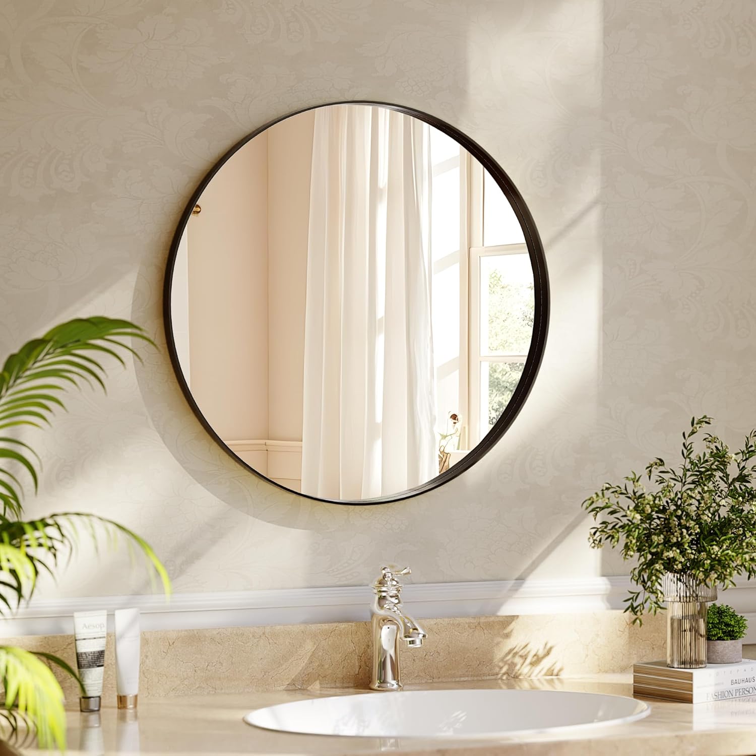 24 inch Round Bathroom Mirror Wall Mounted Circle Mirror with Black Metal Deep Frame for Living Room Hallway