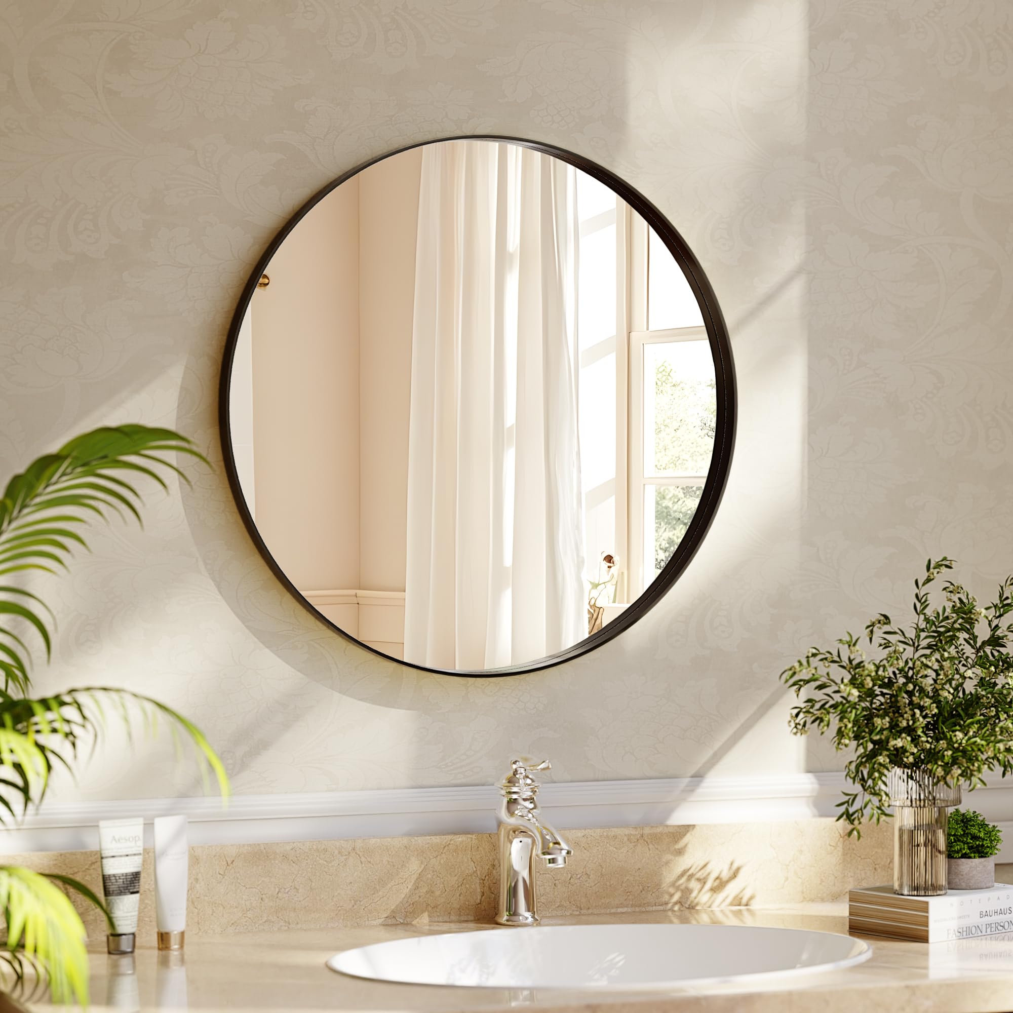 24 inch Round Bathroom Mirror Wall Mounted Circle Mirror with Black Metal Deep Frame for Living Room Hallway