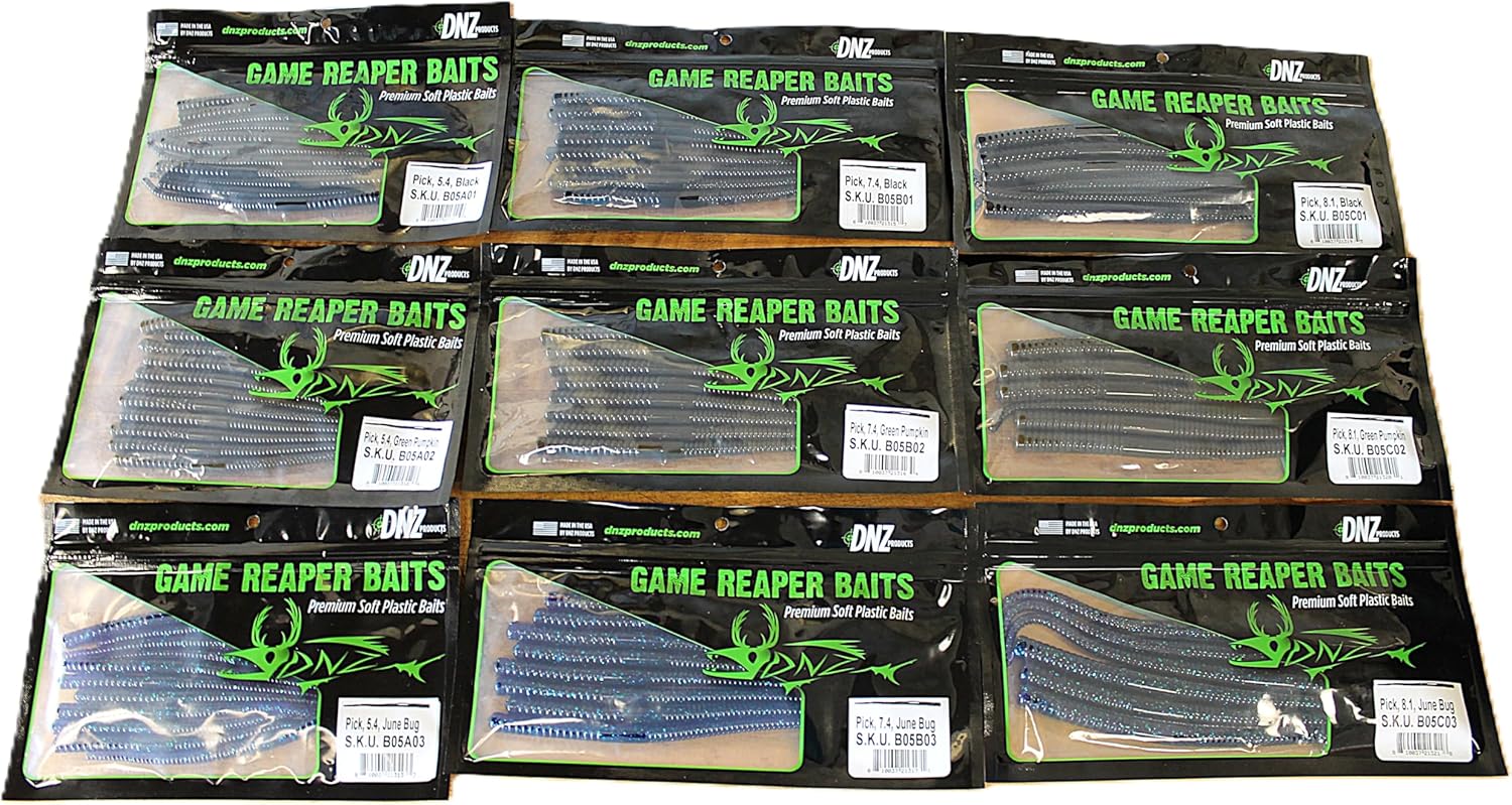 Game Reaper Baits Pick Worm Pack Shaky Head 5.4", 7.4", 8.1" Black, Green Pumpkin, June Bug Soft Plastic Finesse Lifelike Tail Action Lightly Salted Bass Fishing Bait