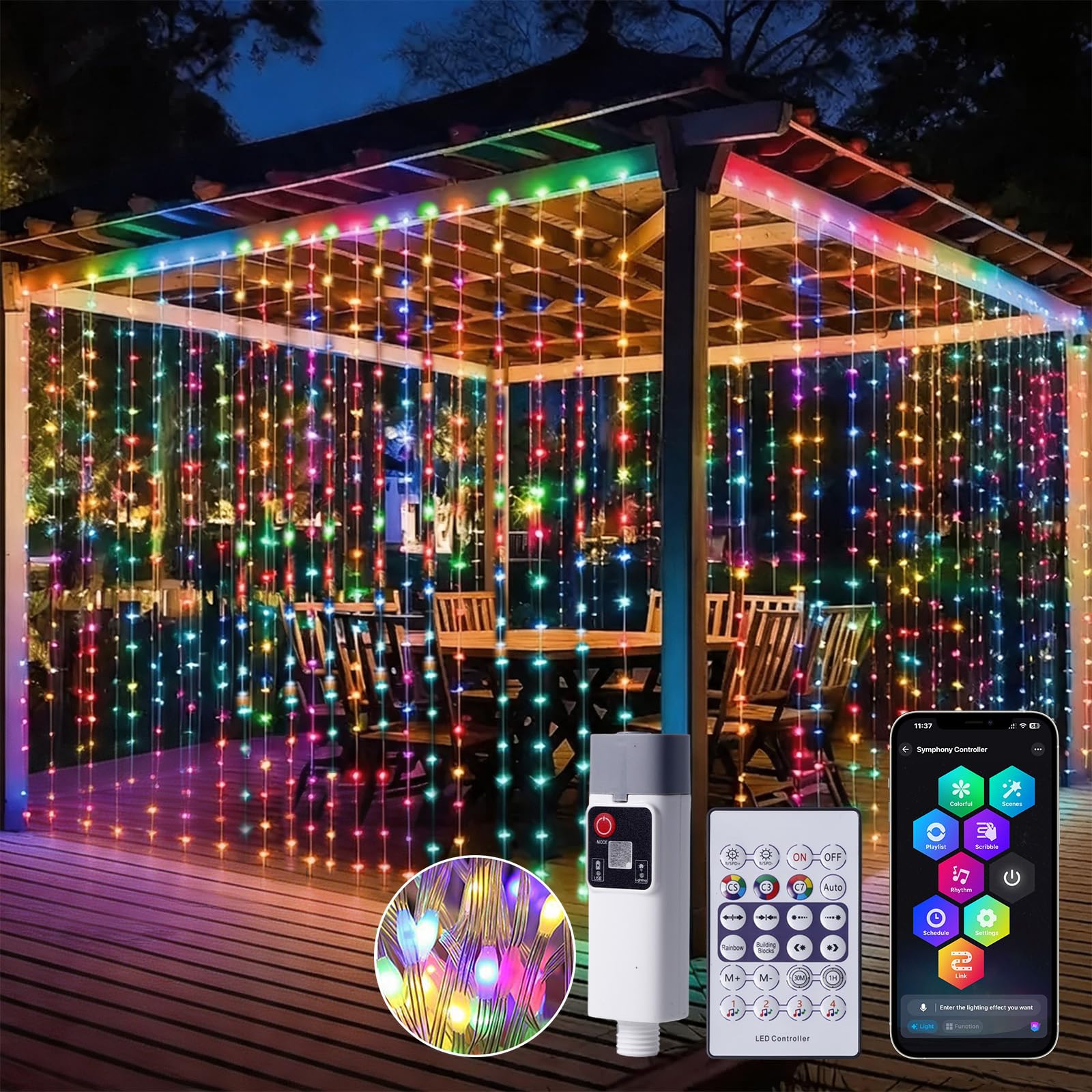 Rechargeable Fairy Curtain Lights 3x3m, Colorful, 99+ Modes, App/Remote