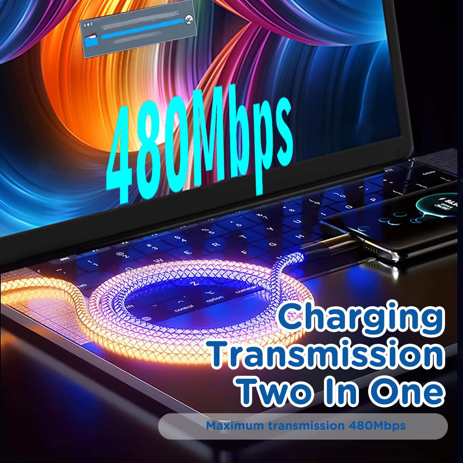 Cavo USB-C Luminoso RGB 100 Cm: Ricarica Rapida PD 66W E Effetto Luce Notturna A 7 Colori - 3