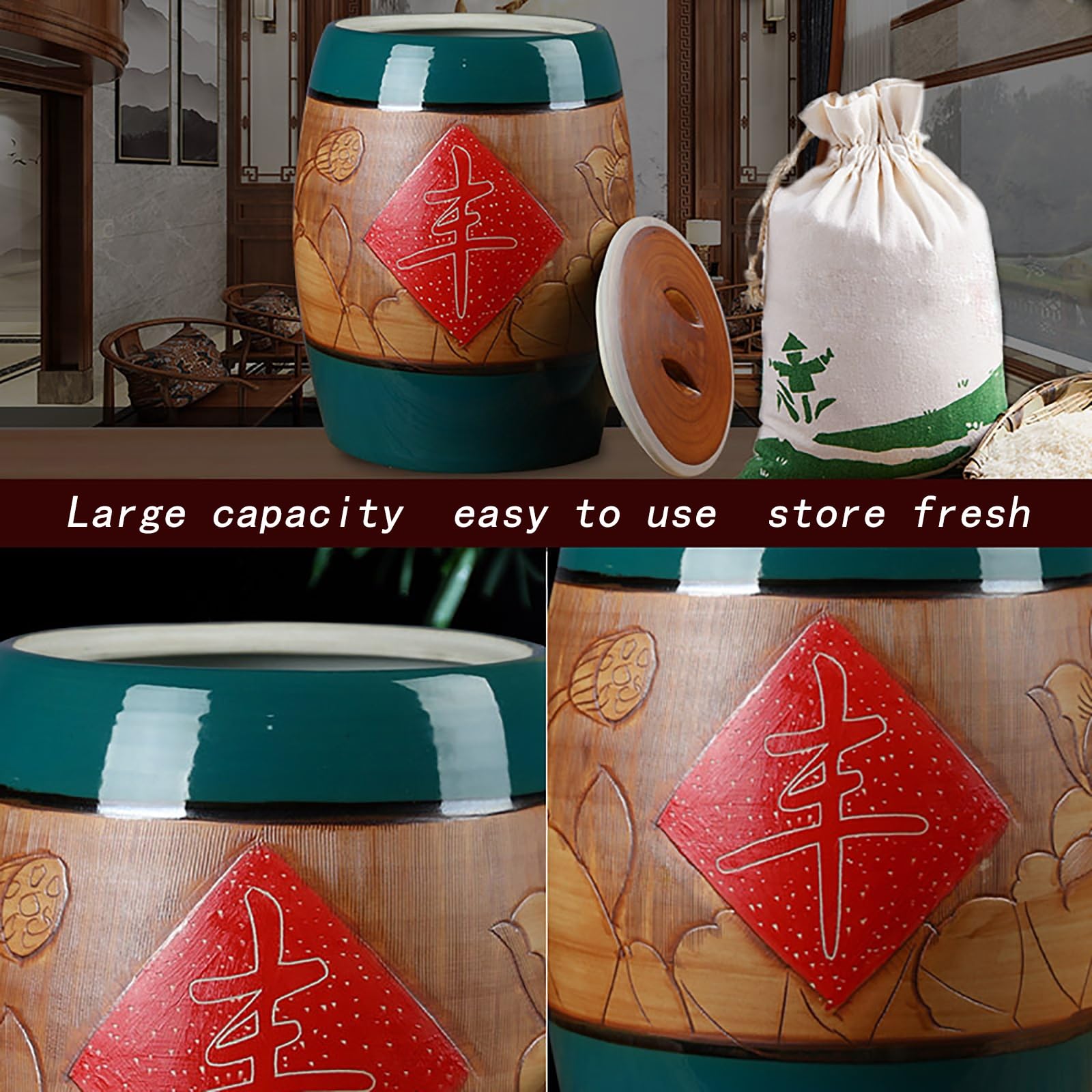 Barattolo Riso Ceramica Con Coperchio Barile Di Riso Per Uso Domestico Vaso Decorativo Ceramica Scatola Stoccaggio Del Riso Per Uso Domestico Contenitori Per Alimenti Ceramica Distributore 15kg(C,Capa