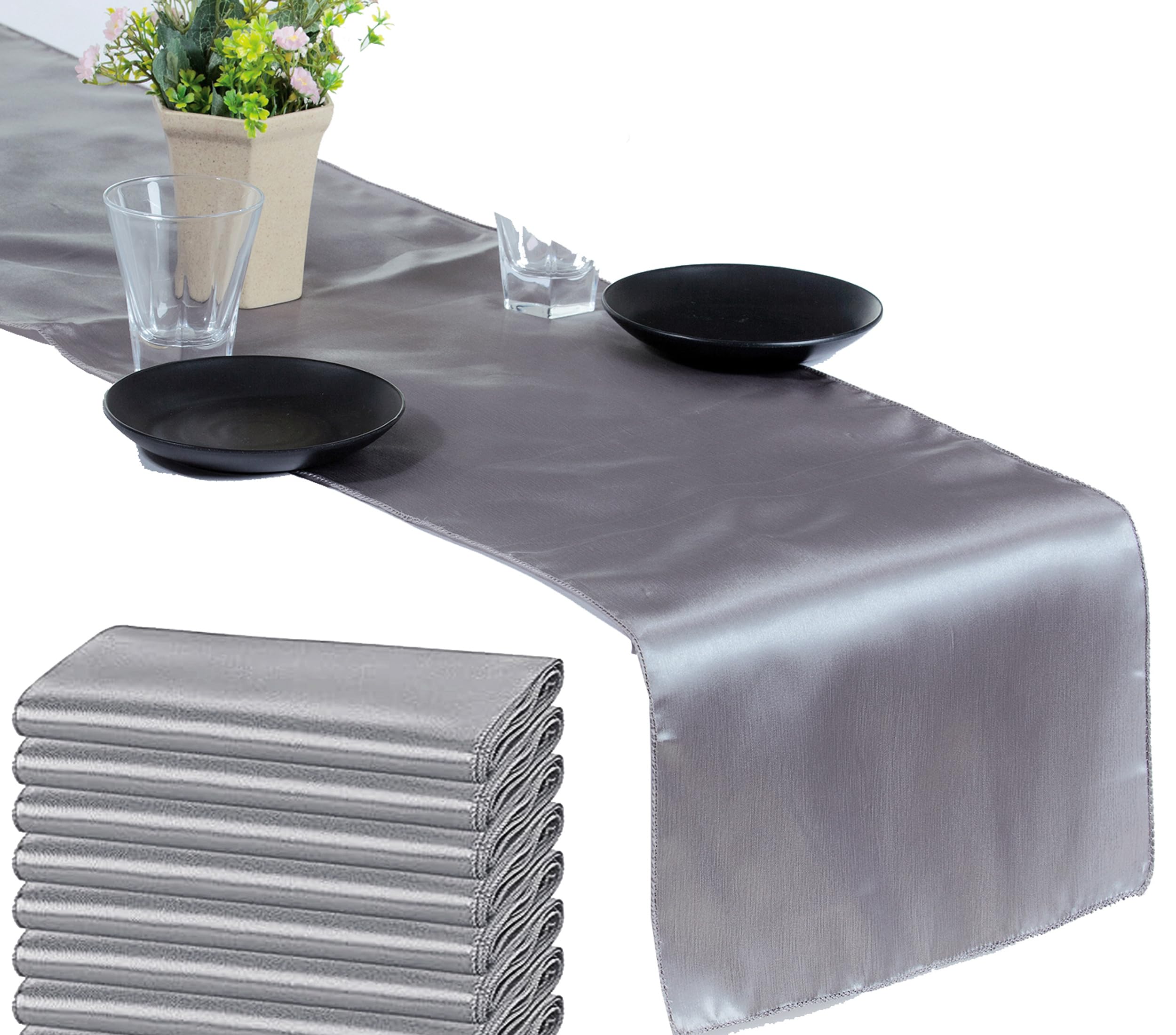 VDS Pack of 15 Satin Table Runners for Wedding & Party Décor 12” x 108”, Smooth Glossy Sateen Fabric Runner, Dining Table Decoration for Reception Banquet & Events Hotel Restaurant - Silver Grey