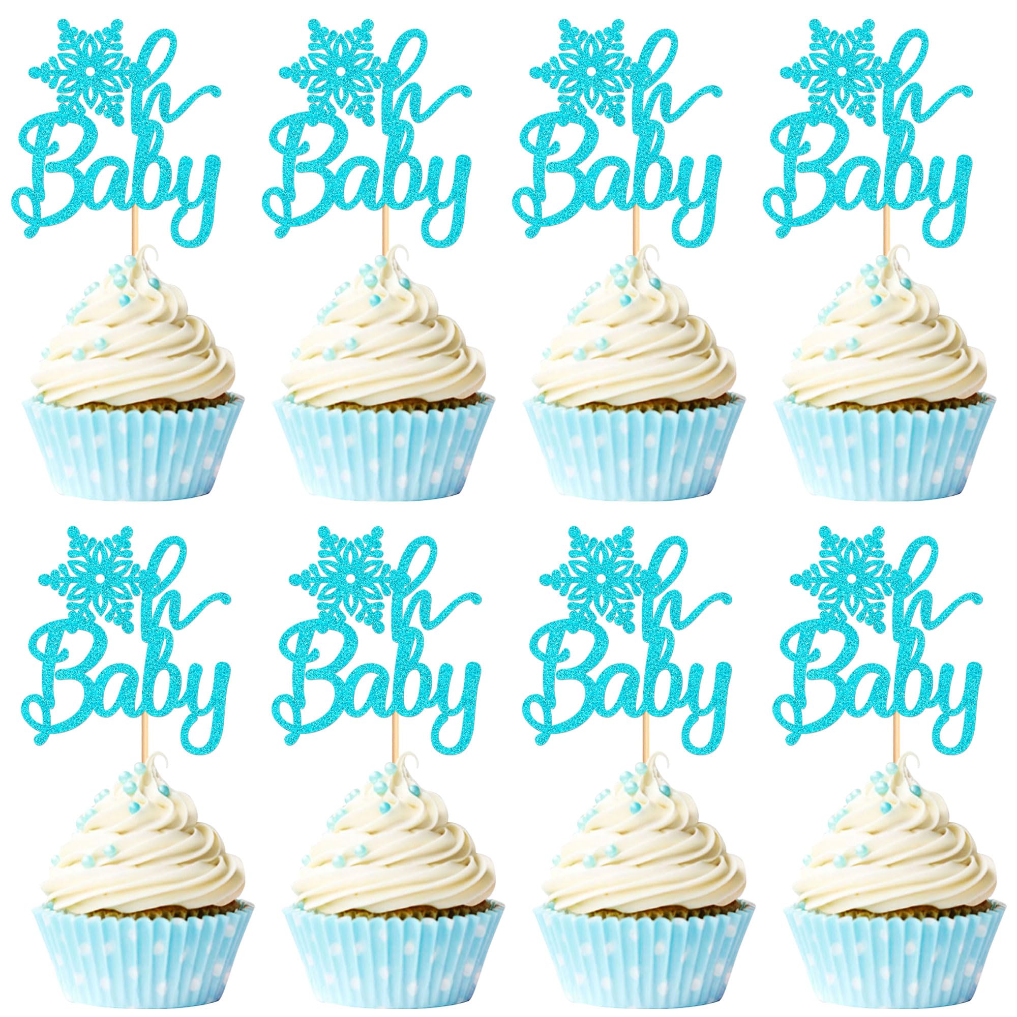 Cyodoos 24 PCS Snowflake Oh Baby Cupcake Toppers - Blue Flash Winter Frozen Oh Baby Cupcake Winter Onederland Boys Birthday Party Decoration