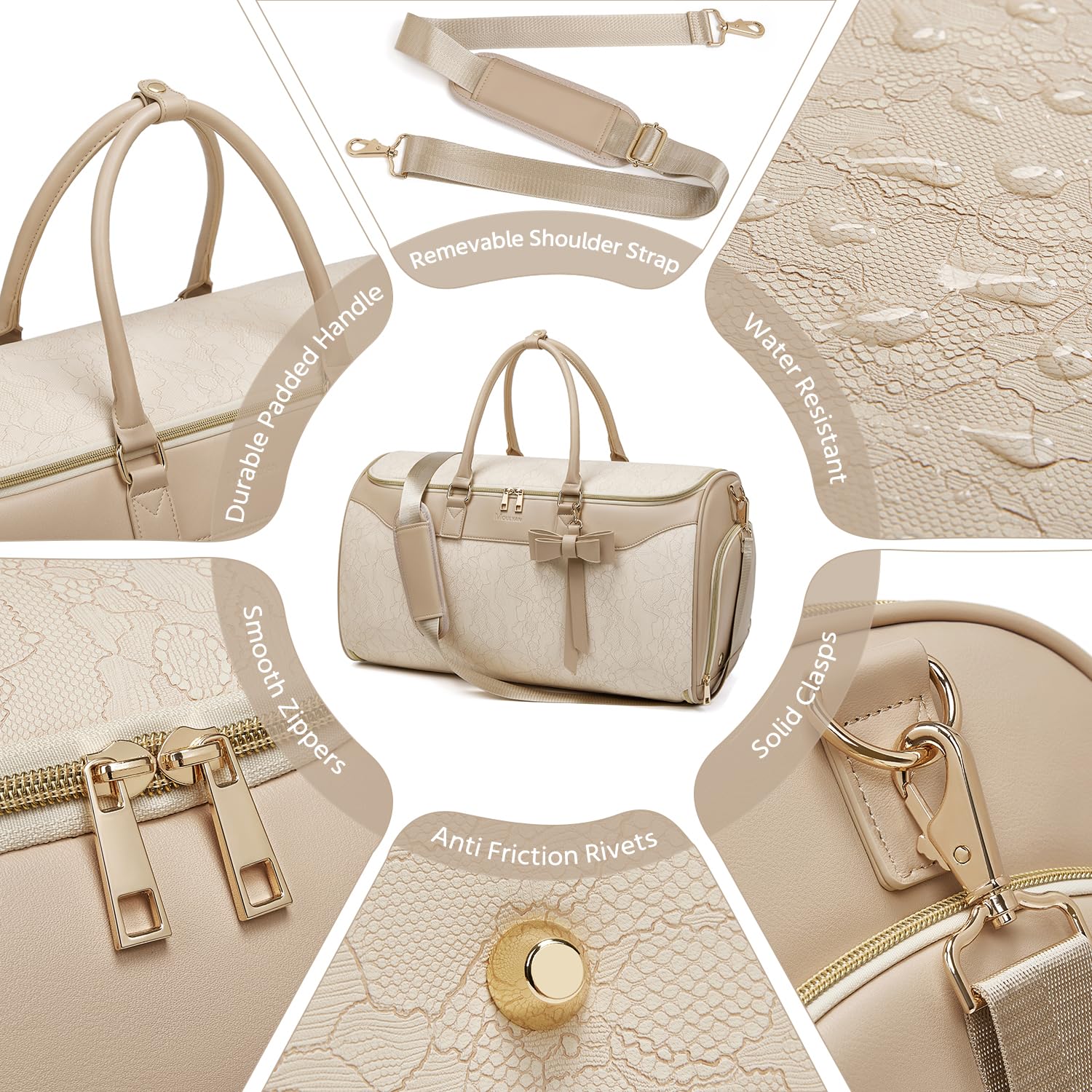 Lot de 3 Sacs à vêtements pour Voyage, Sac de Voyage Convertible en Cuir avec Trousse de Toilette, Sac de Transport imperméable avec Compartiment à Chaussures, Sac de Voyage 2 en 1 pour Femme, Beige