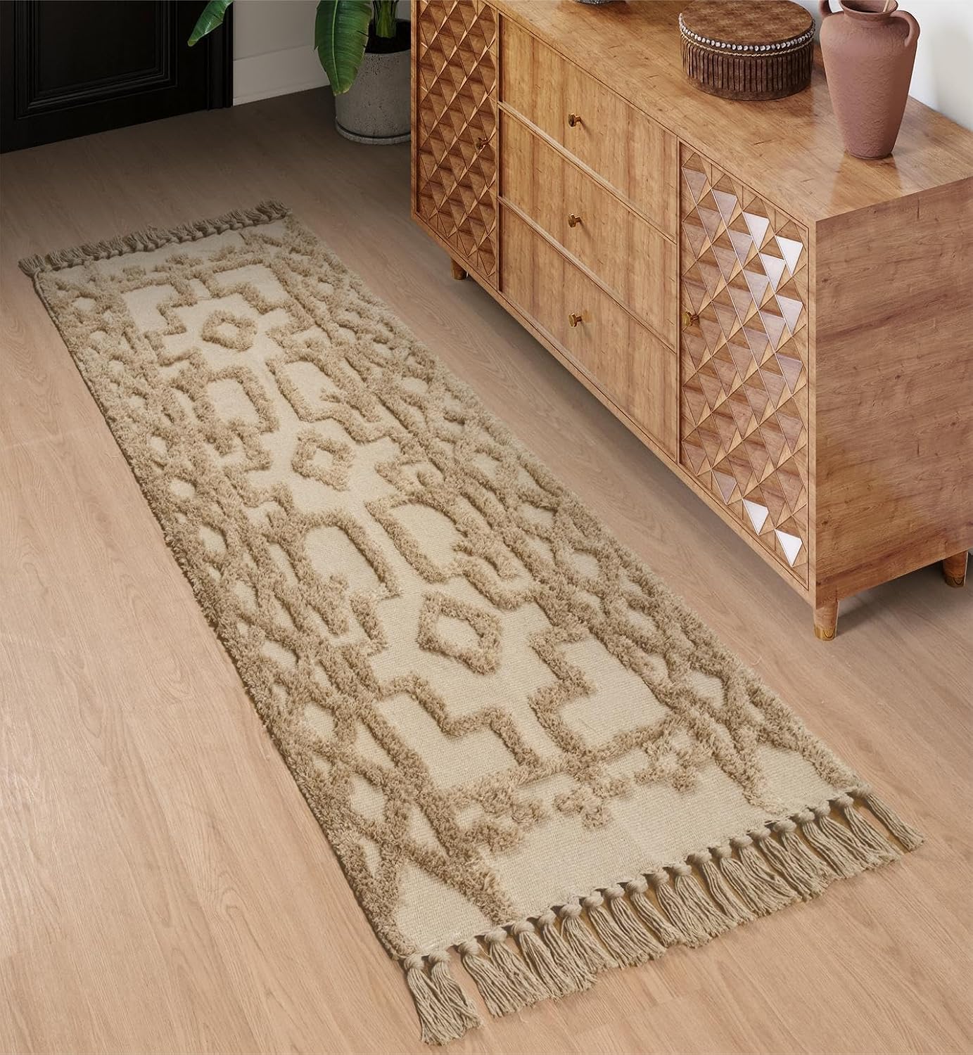 Uphome Boho Runners for Hallways 2' x 8', Washable Farmhouse Entryway Runner Rug, Cotton Tufted Bedroom Runner Rugs, Bohemian Tribal Aesthetic Rug for Kitchen Doorway Bathroom Living Room, Khaki