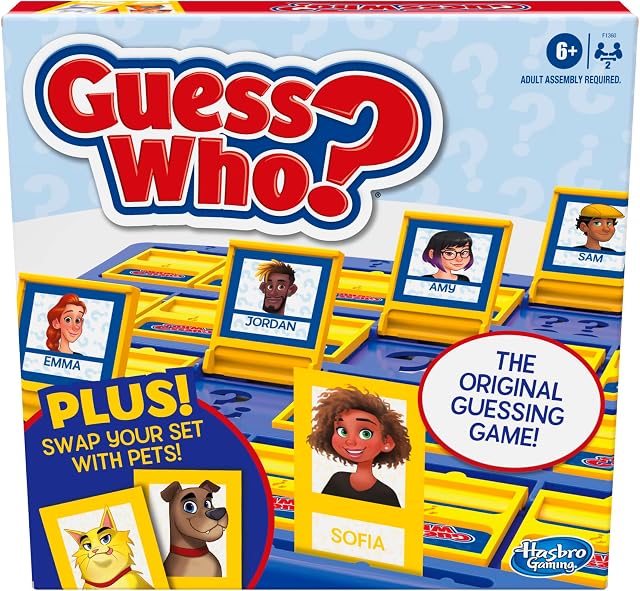 Jeu de société Hasbro Devine Qui ? avec des personnes et des animaux de compagnie, le jeu de devinettes original pour les enfants de 6 ans et plus, comprend des cartes de personnes et des cartes d'animaux (anglais), F1360