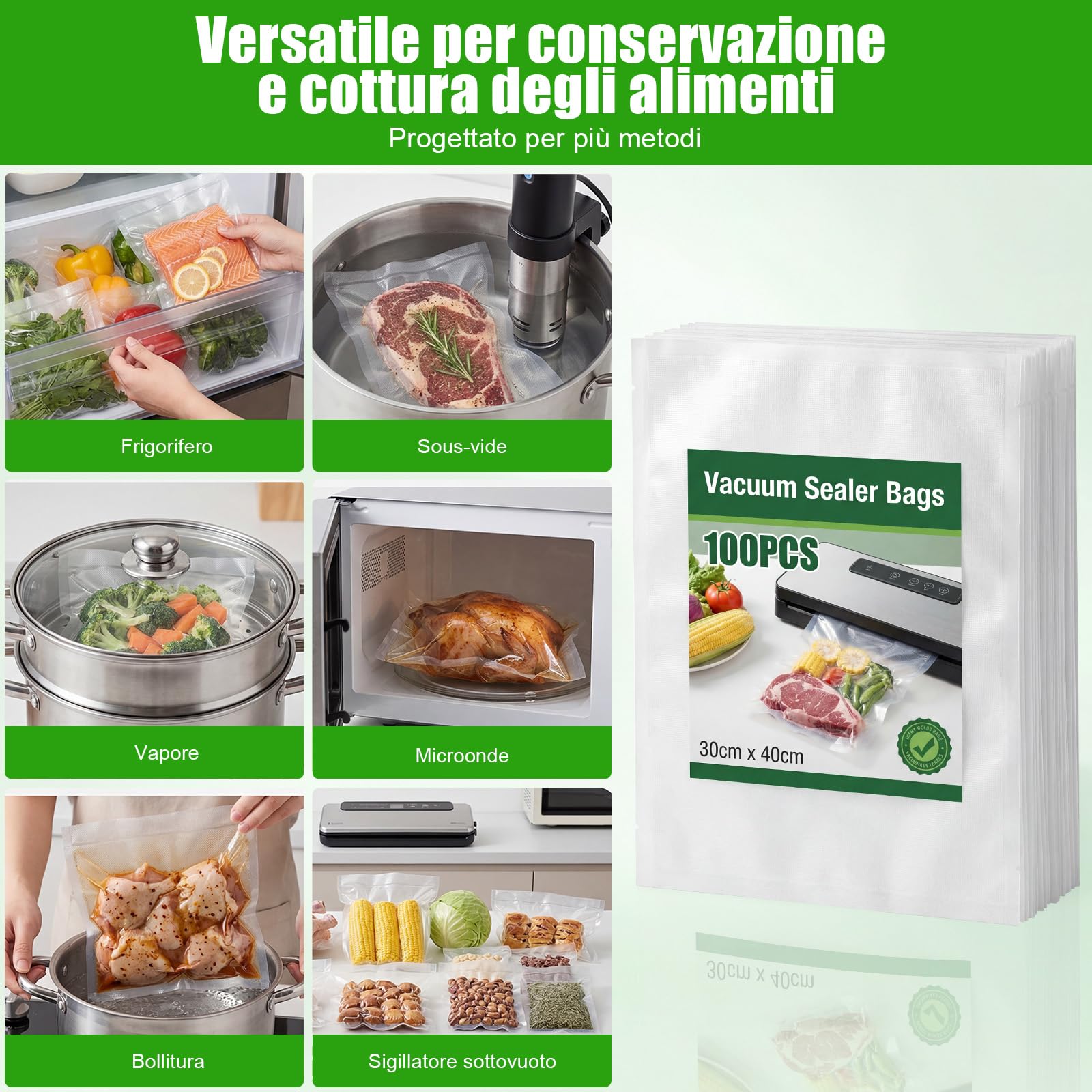 Sacchetti Sottovuoto Alimentari 100 Buste 30x40 cm – Senza BPA, Goffrati, Compatibili Tutte Macchine Sottovuoto, Ideali per Conservazione e Cottura Sottovuoto