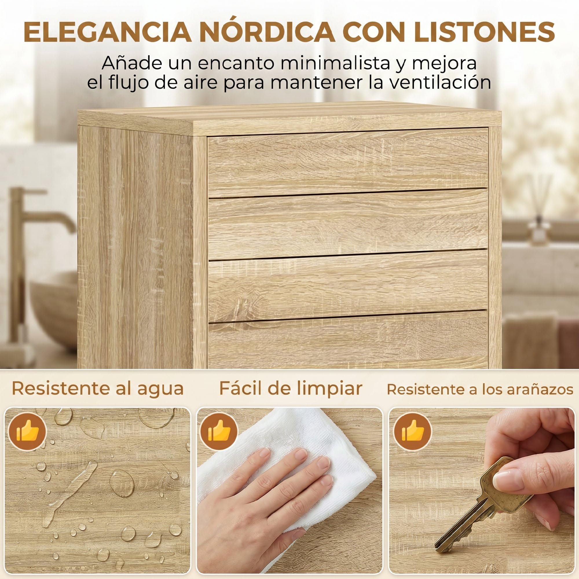 HOMCOM Armario de Baño Alto para Espacios Pequeños 34x23x170 cm Natural | Mueble Auxiliar de Baño Estrecho, Estantes Ajustables, Puertas de Lamas Apertura por Presión, Estantes Abiertos