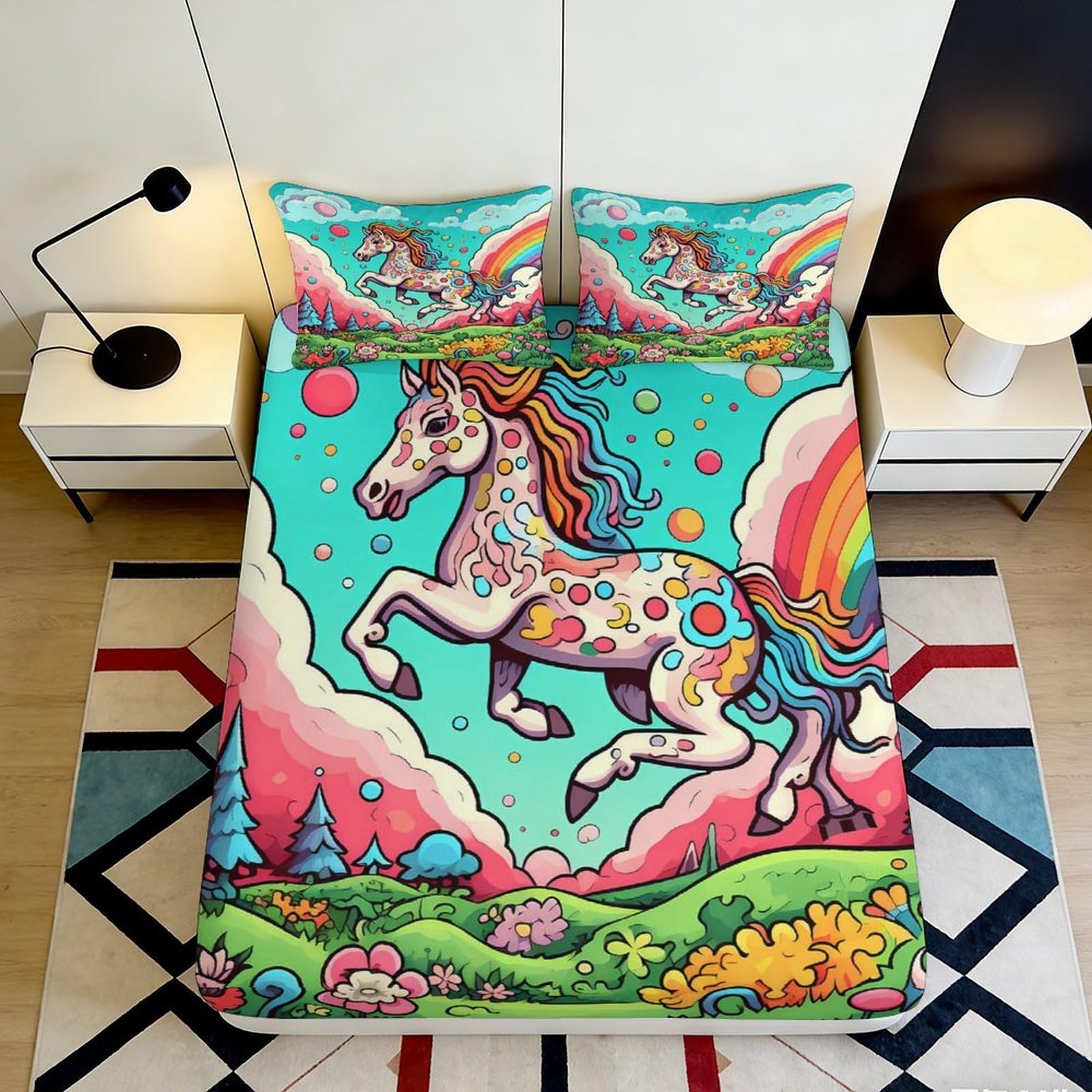 Jqzkxnhpbr Style-9 3D Printed Rainbow Unicorn Fitted Sheet Microfiber Colourful Fantasy Bed Cover For Bedroom Dorm Mattress Decor 90X200x25cm