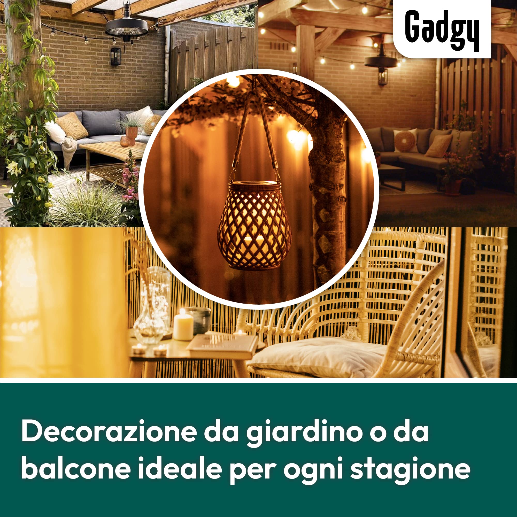 Gadgy Set di 2 lanterne solari in rattan, lampade a LED impermeabili per giardino, balcone e tavolo - Luci decorative alimentate a energia solare
