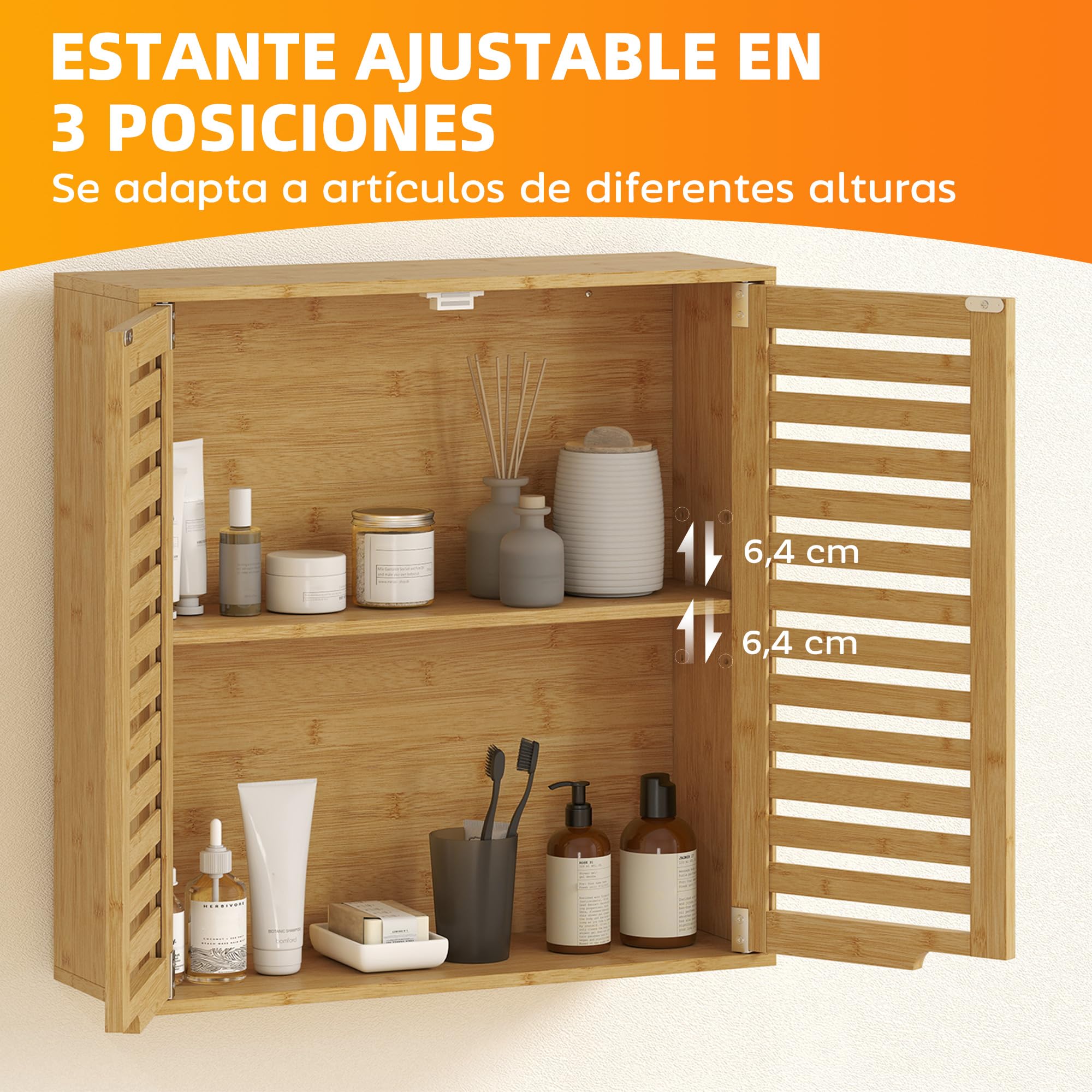 HOMCOM Armario de Baño de Pared de Bambú con Estante Regulable Natural | Puertas de Lamas, Mueble de Baño Colgante, Armario de Almacenamiento sobre el Inodoro, para Cocina y Lavadero