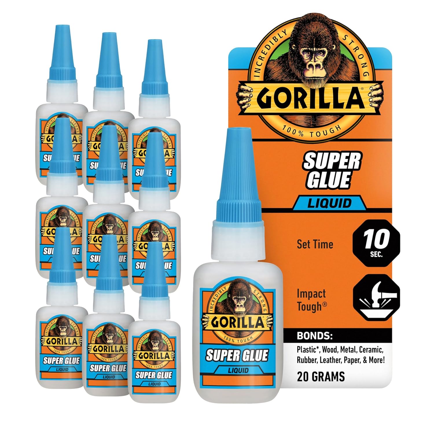 Gorilla Super Glue, Clear Glue, 20 Gram (Pack of 10) - All Purpose and Fast Setting for Projects and Repairs