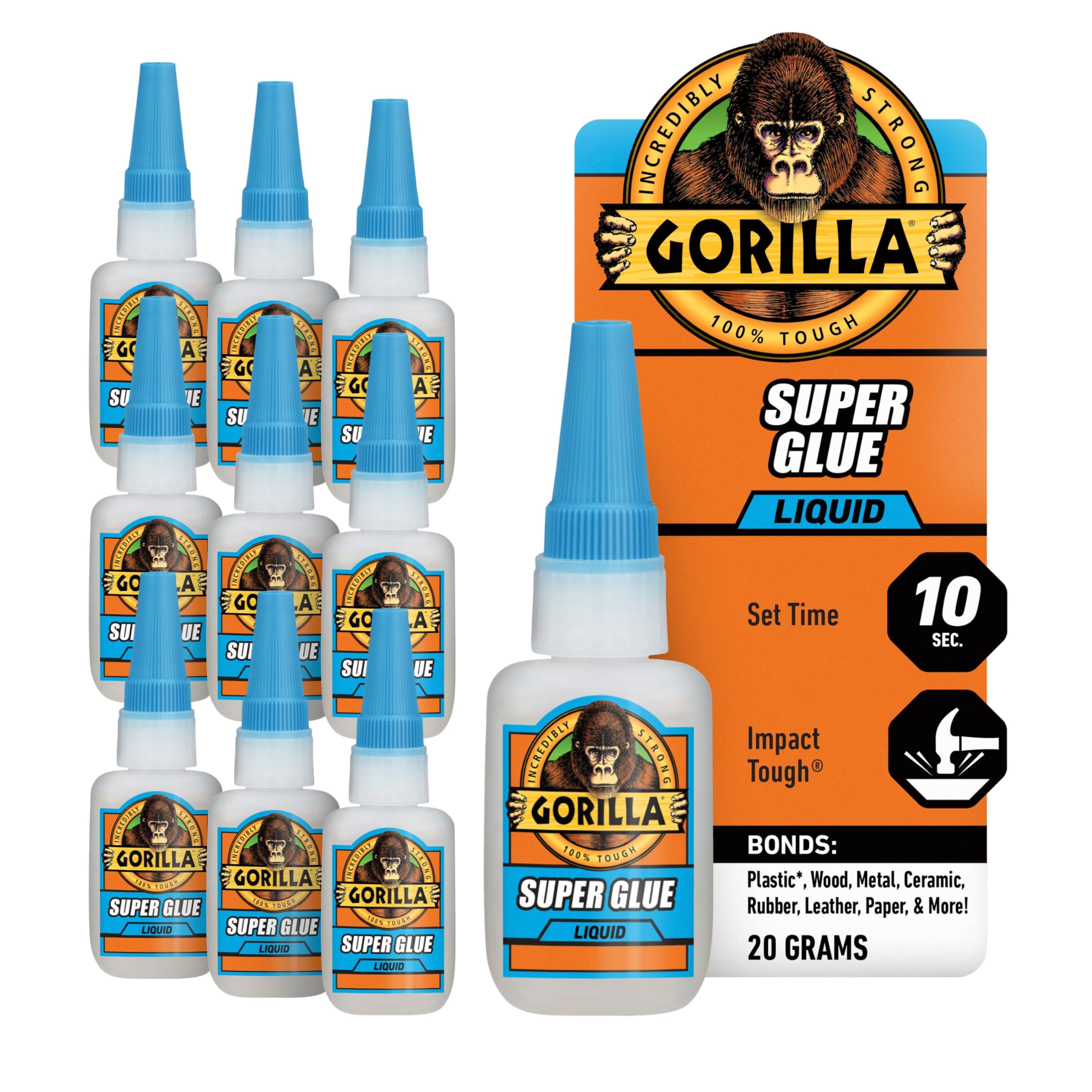 Gorilla Super Glue, Clear Glue, 20 Gram (Pack of 10) - All Purpose