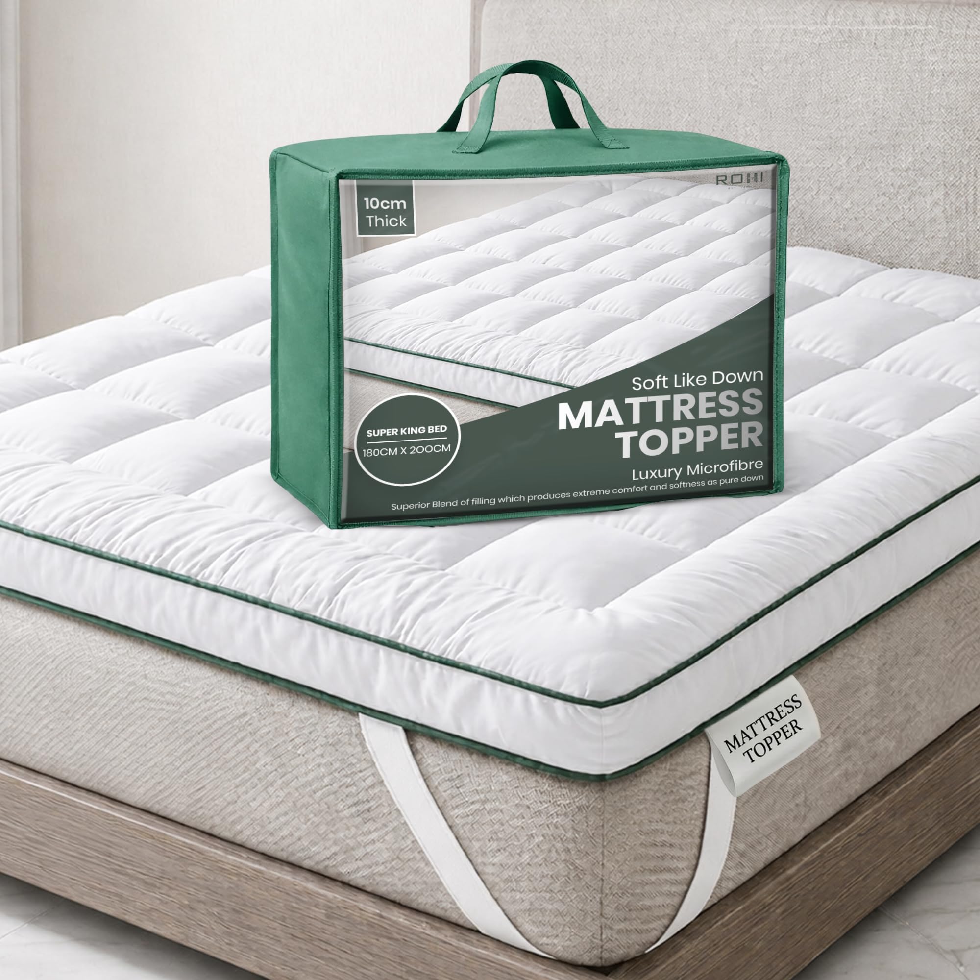 Rohi White Luxury 10Cm Thick Single Mattress Topper (90X 190Cm) | Hotel Quality Microfibre Quilted Mattress Topper | Hypoallergenic Extra Comfort Bed Topper | Elastic Cuffs Secure Fit