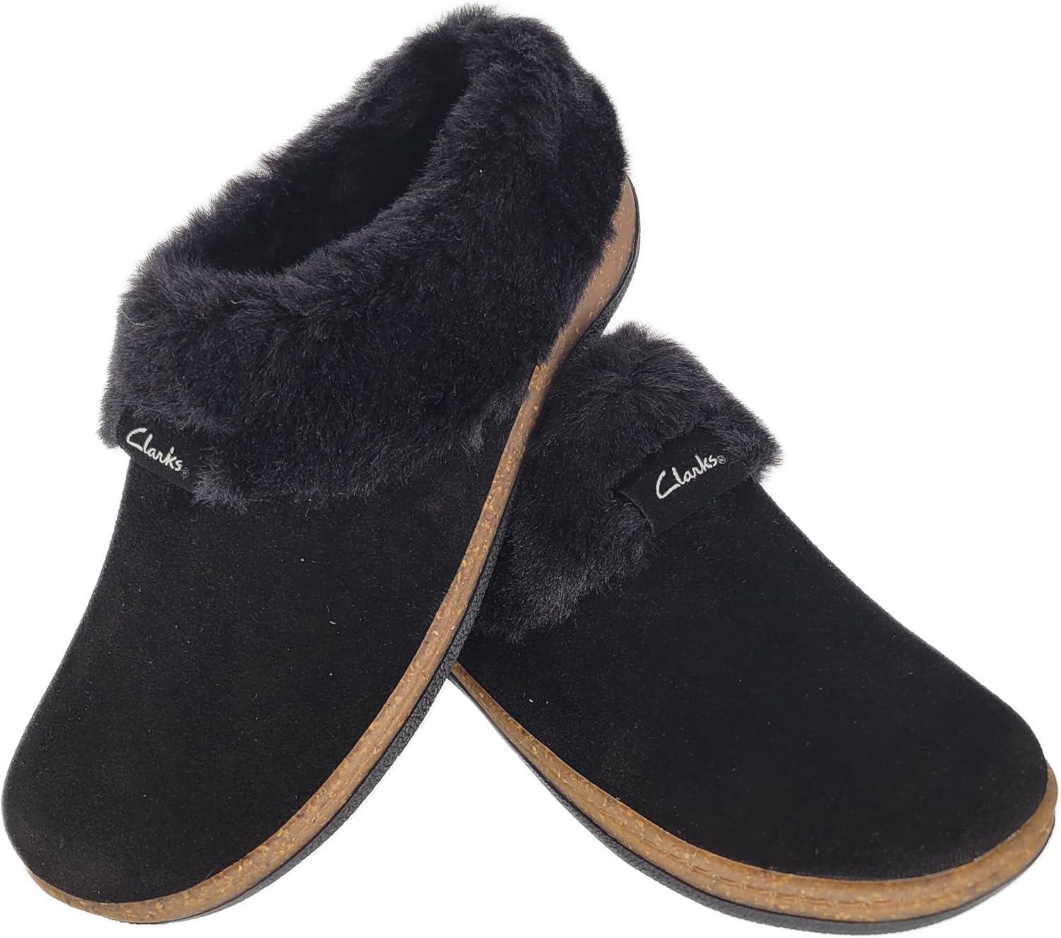 Clarks Womens Slipper Suede Leather Plain Toe - Plush Faux Fur Collar/Lined With A Cork Midsole - Open Back Indoor Outdoor House Slippers For Women (Black US 6 - Image 7