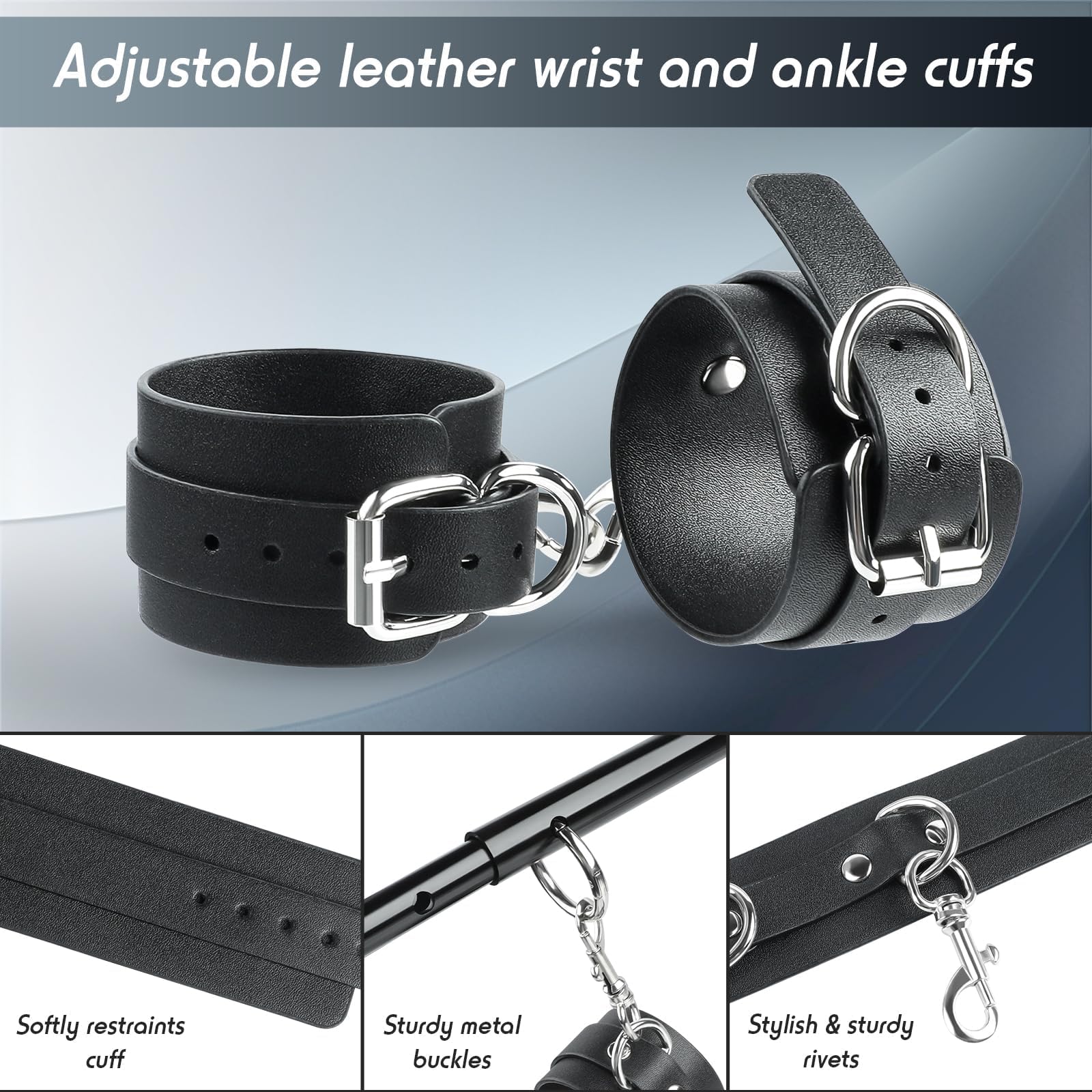 Barra separadora para bondage,kit de ataduras BDSM, juguetes sexuales para parejas,juguete sexual para adultos con 4 esposas ajustables, látigo y venda para los ojos,equipo y accesorios bondage(negro)