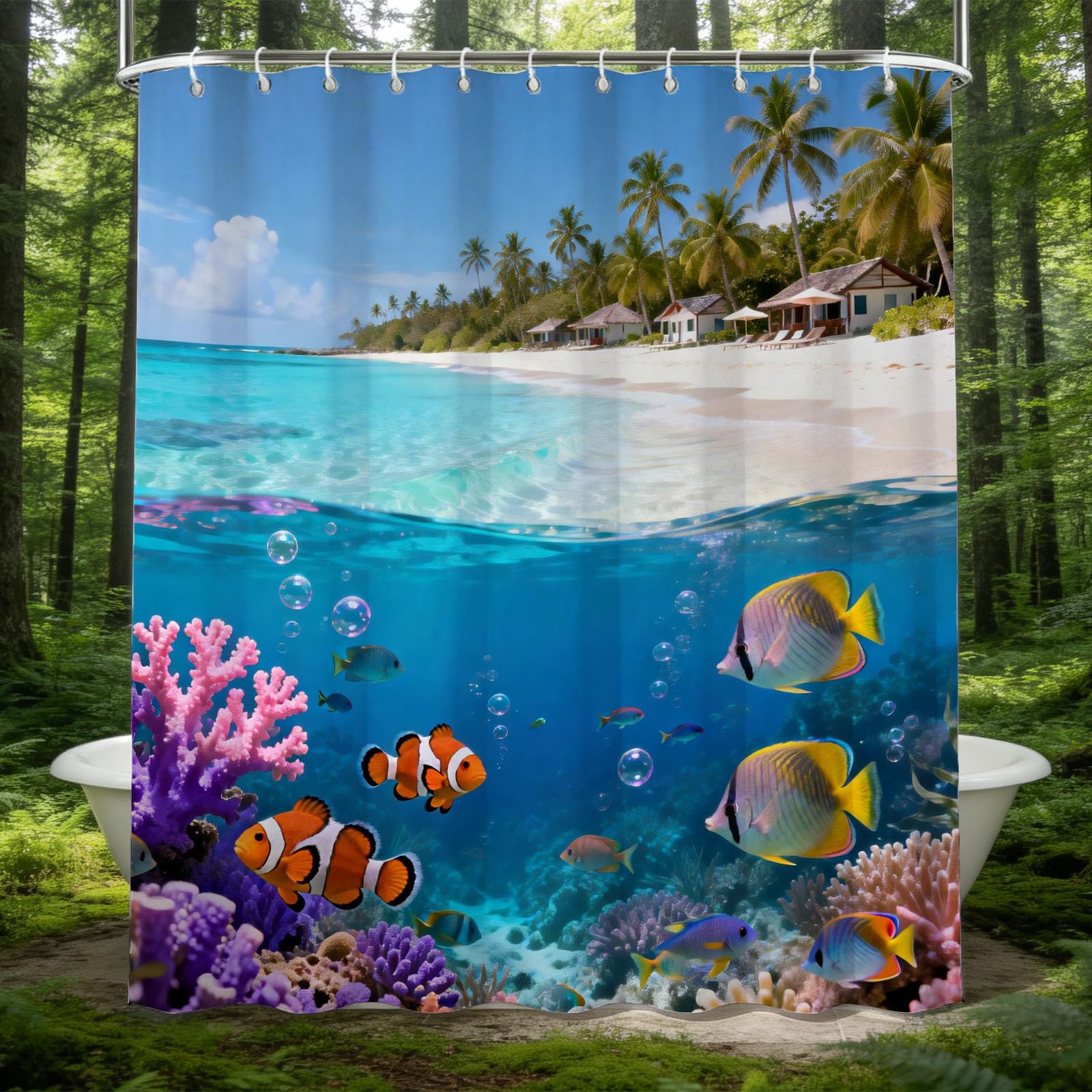 Hongduo White 3D The Underwater World Shower Curtain For Stalls Bathtubs The Island Bathroom Decor Shower Curtain Set Polyester Fabric Waterproof 180X200cm/71X79 Inch With Hooks