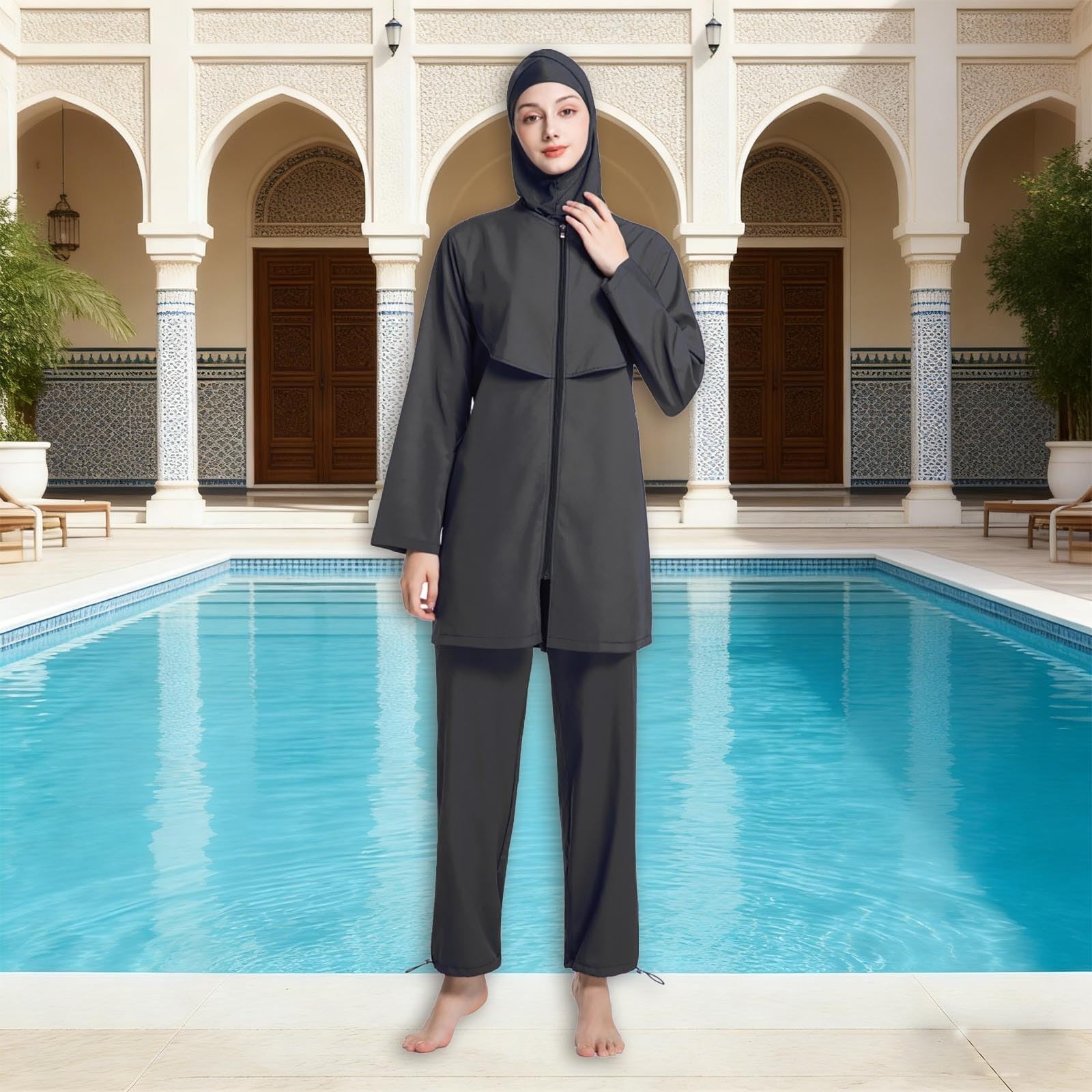 Generisch Costume da bagno a due pezzi con motivo floreale e cappuccio rimovibile per una copertura completa