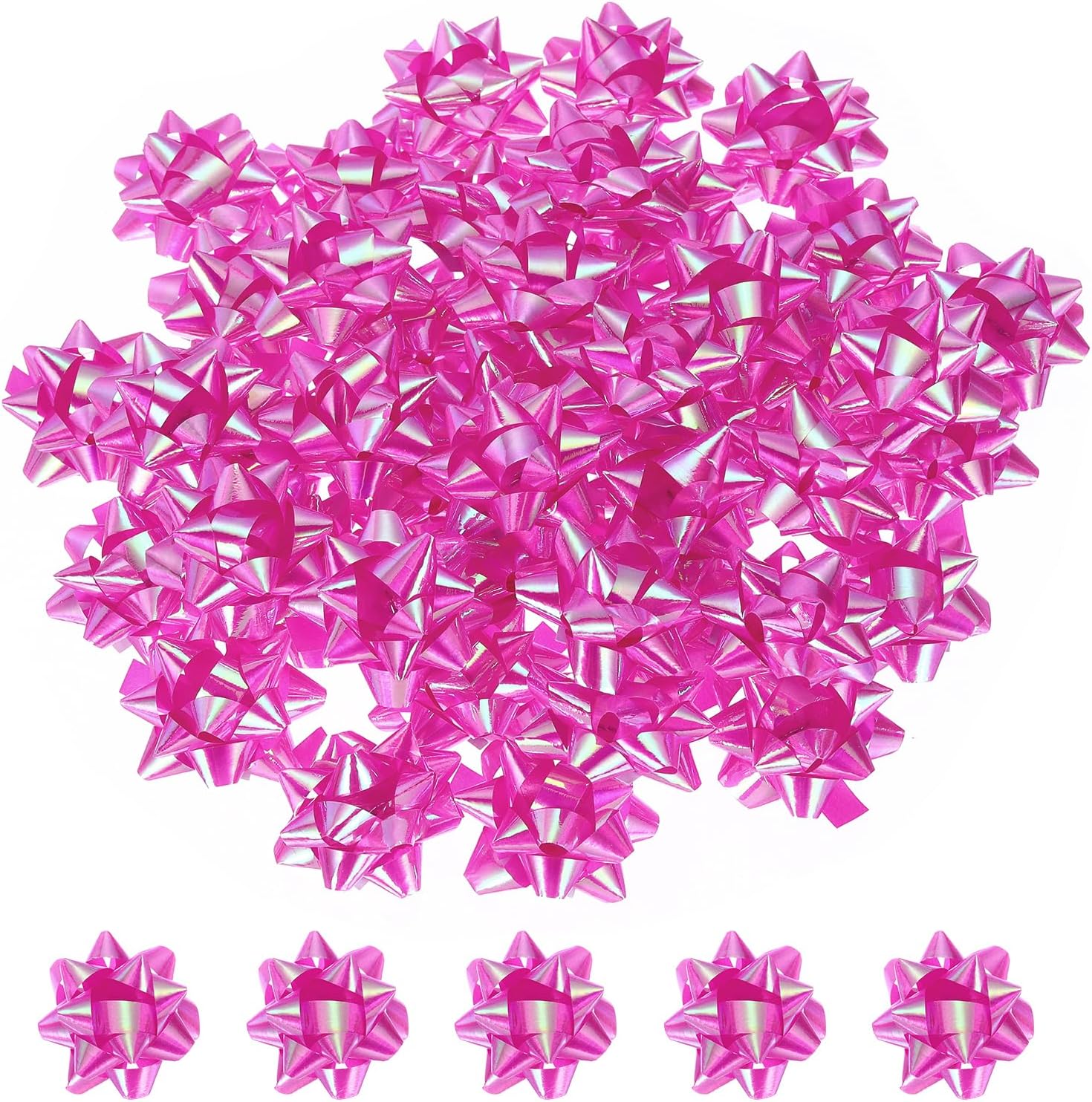 PATIKIL 1.5" Mini Star Gift Bows, 100Pcs Small Christmas Rainbow Film Gift Wrapping Self-Adhesive Bows for Holiday Weddings Birthday Party, Rose Red