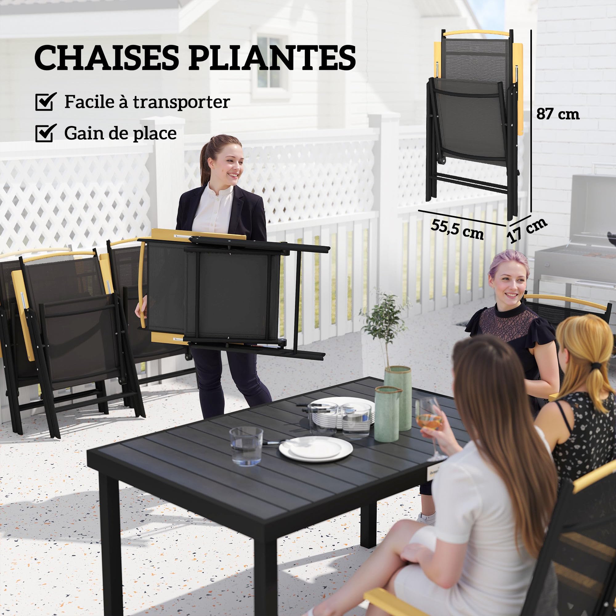 Outsunny Salon de Jardin extérieur 6 Personnes, Table de Jardin extérieure avec 6 chaises, Cadre en Aluminium, chaises Pliables et inclinables, mobilier de terrasse, Patio, Noir