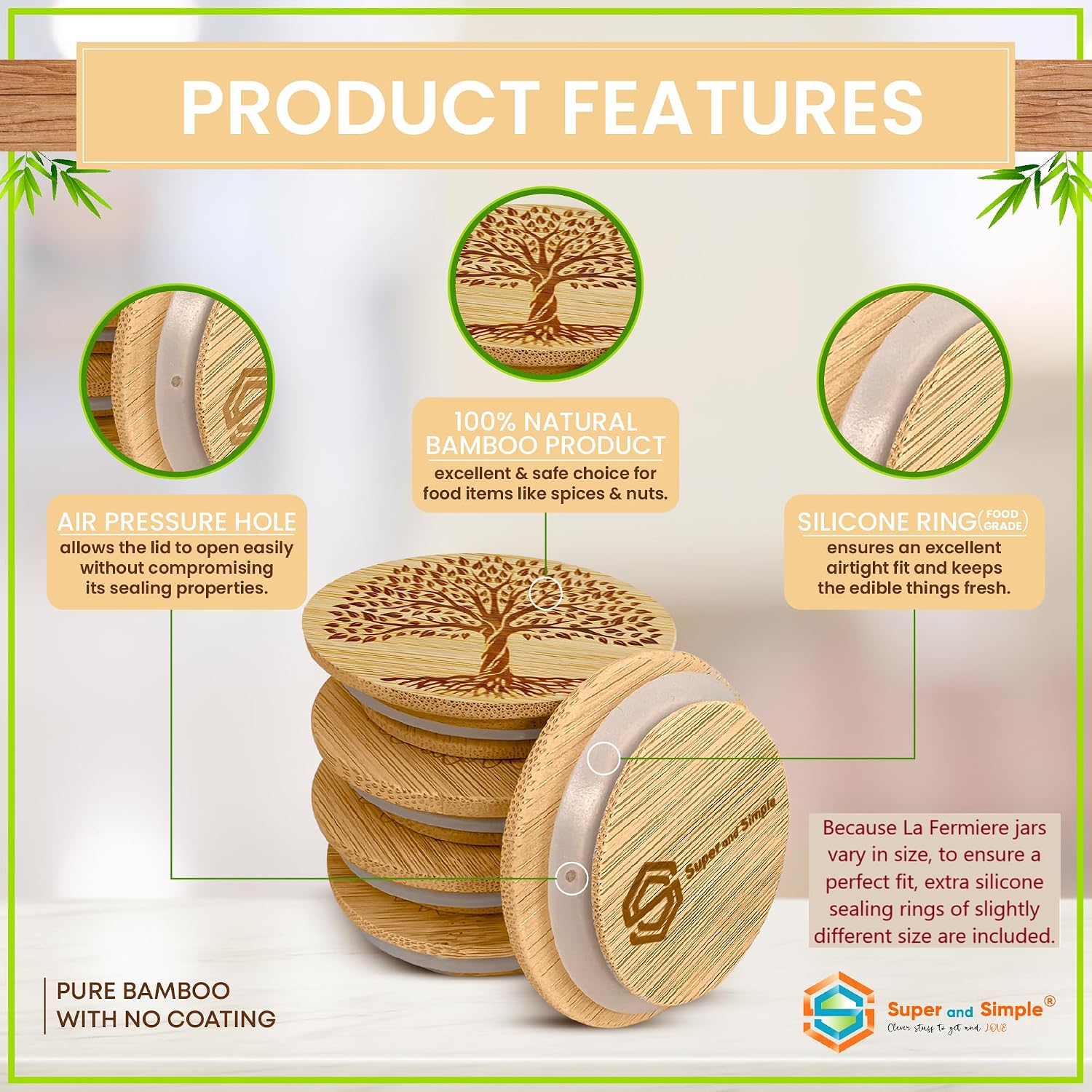 La Fermiere Yogurt Jar Lids Bamboo-Tree of Life 12 Lids/Labels/More Gaskets image 3