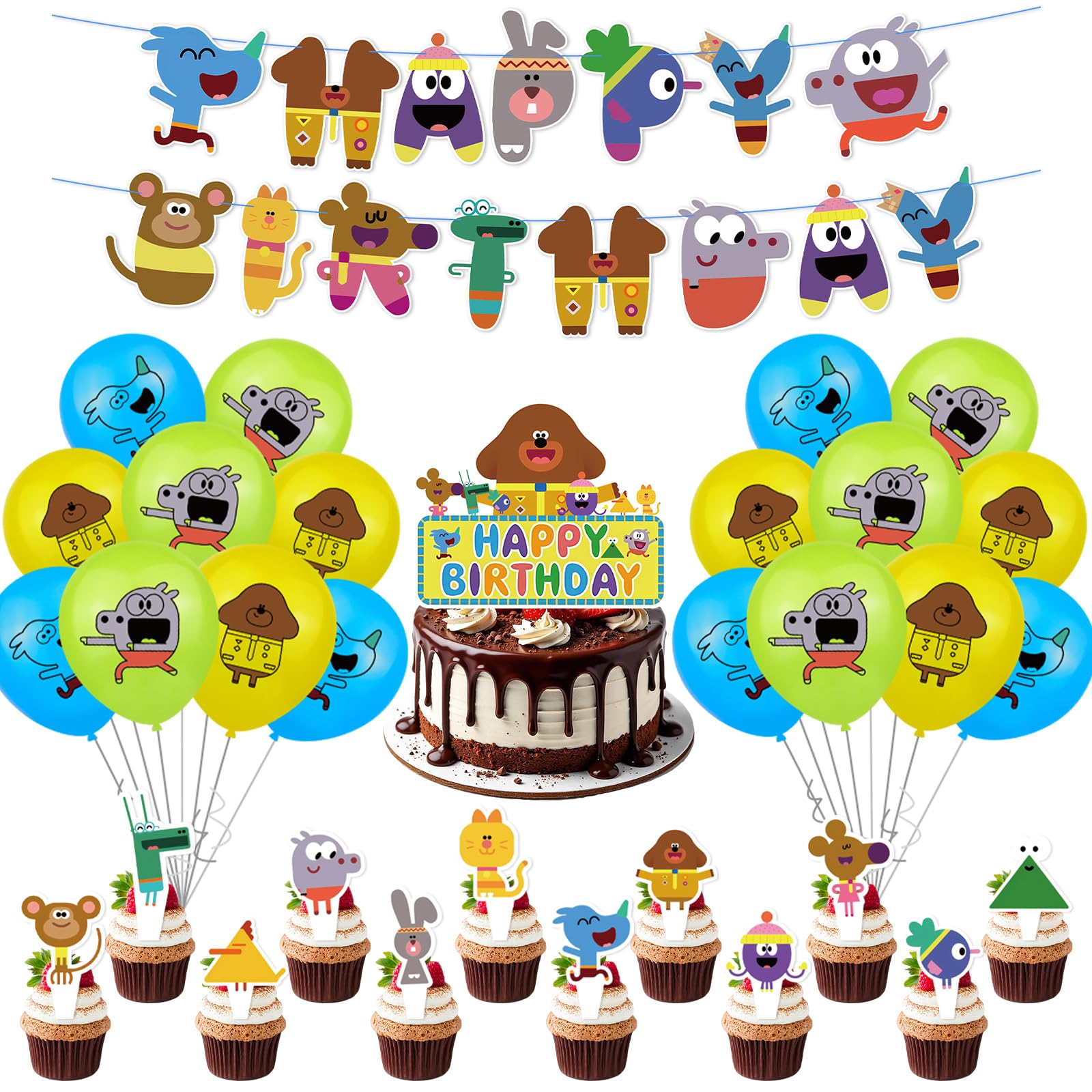 32PCS Cartoon Birthday Decorations, Party Supplies With Banner Balloons Cake Topper Cupcake Toppers, Hey Theme Party for Birthday — image 1