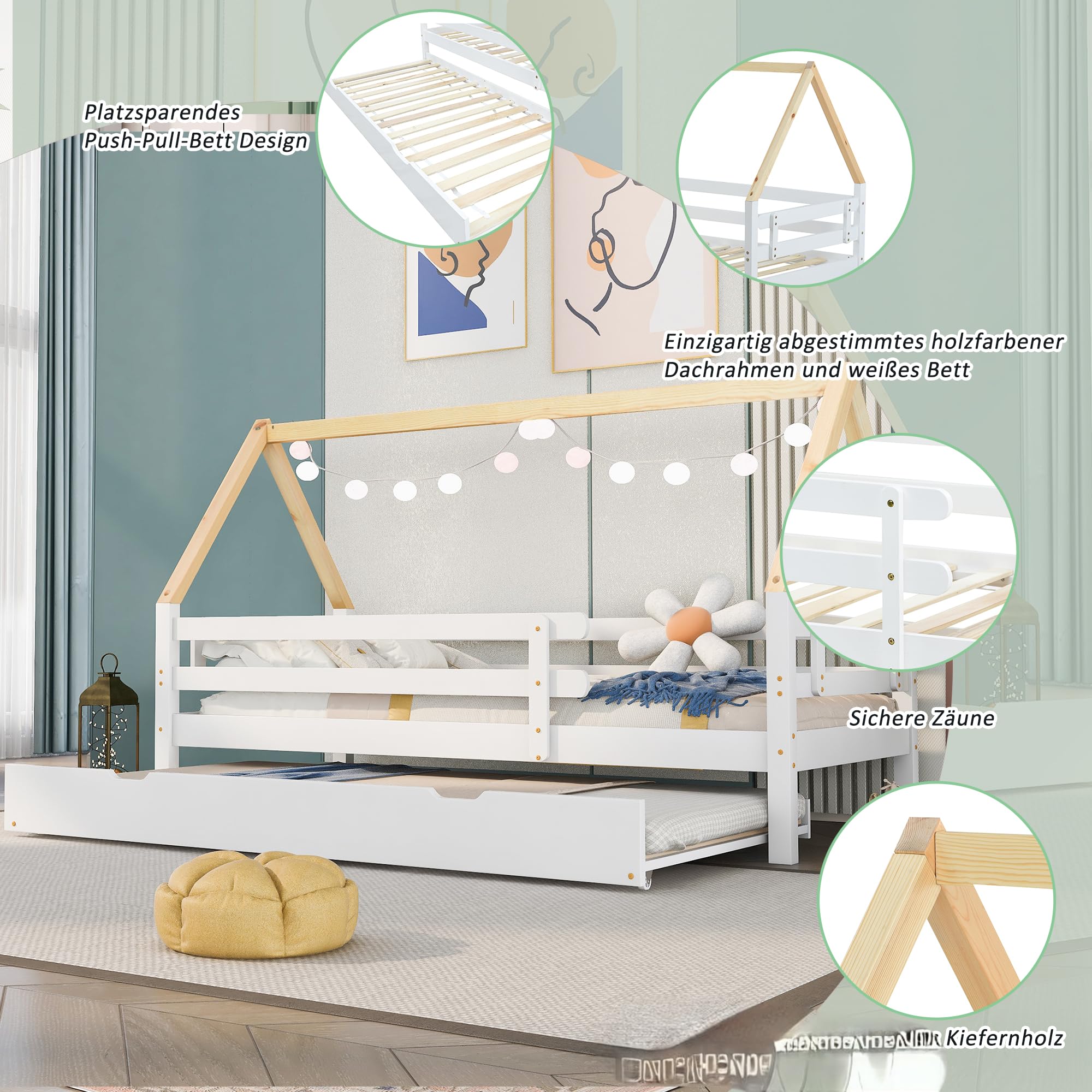 Cama casa 90x200 cm Blanca y Blanco+Natural con Cama extraíble Inferior con Ruedas Marco de Techo y barandillas Cama Nido Cama Individual para Dormitorio Juvenil