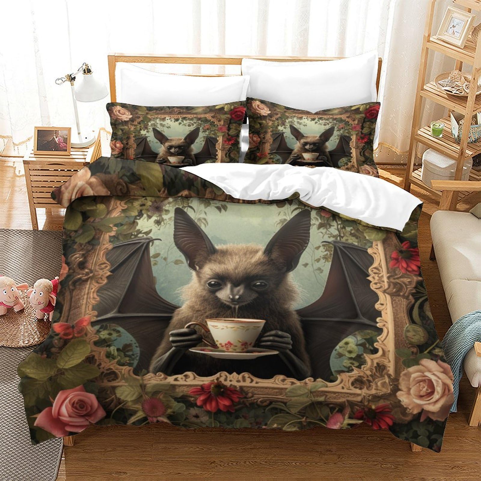 P1S9U7W5Y Artistic Vintage 3D Printed Bat Cup Duvet Cover Set 3pcs Microfiber Floral Bedding Set King