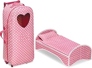 Badger Basket Toy 3-in-1 Doll Trolley Travel Carrier with Rocking Bed and Bedding for 18 inch Dolls - Pink/Polka Dot