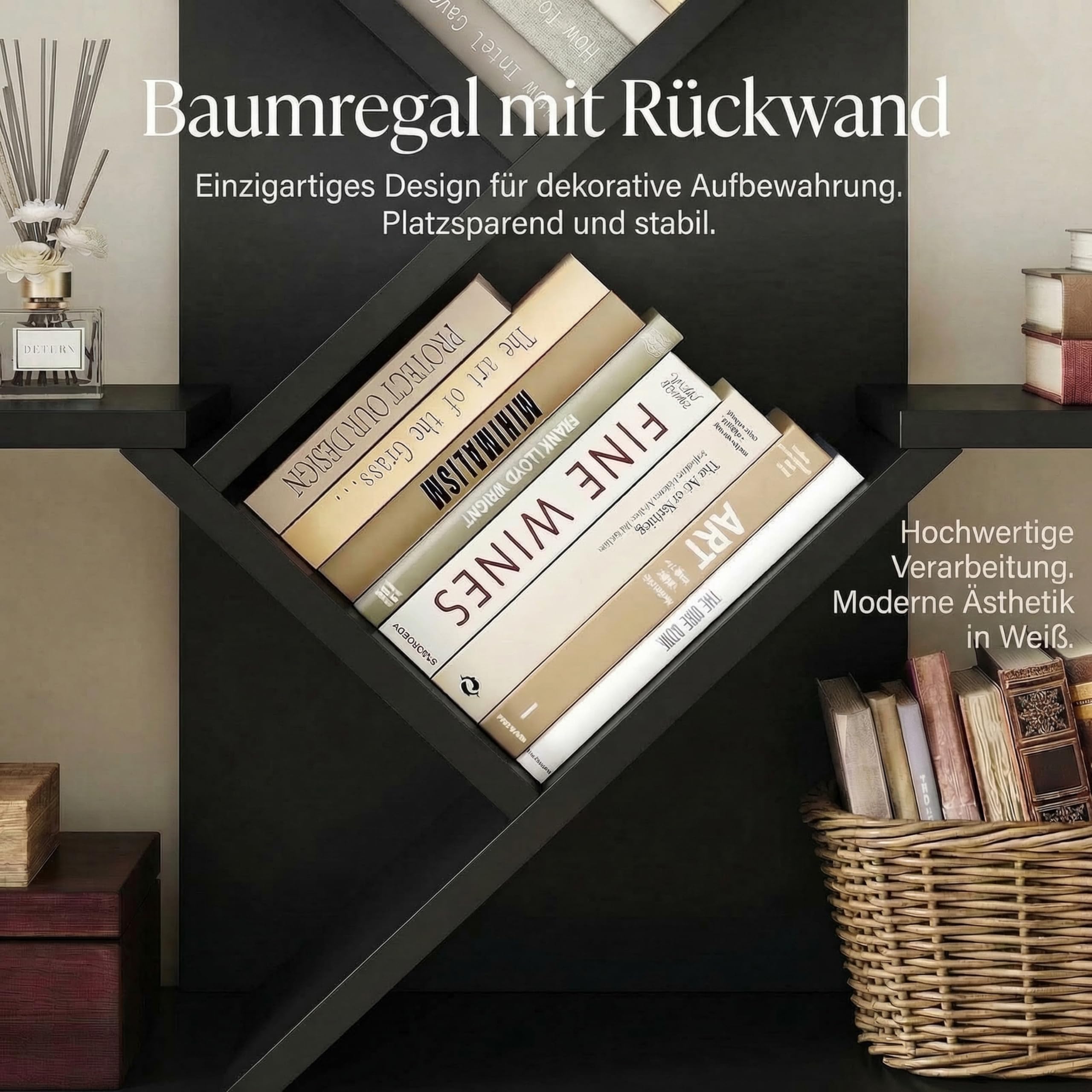 IRONCK Bücherregal mit 2 Schubladen, Baum Regal mit Rollen, Metallrahmen Standregal Würfelregal für Wohnzimmer Schlafzimmer Arbeitszimmer Büro 100x100x32cm (Schwarz)