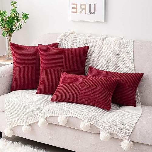 Miniatura 8 de HWY 50 Juego de 2 fundas de cojín decorativas de pana suave con empalme de 18 x 18 pulgadas, fundas decorativas de estilo bohemio a rayas para sofá,