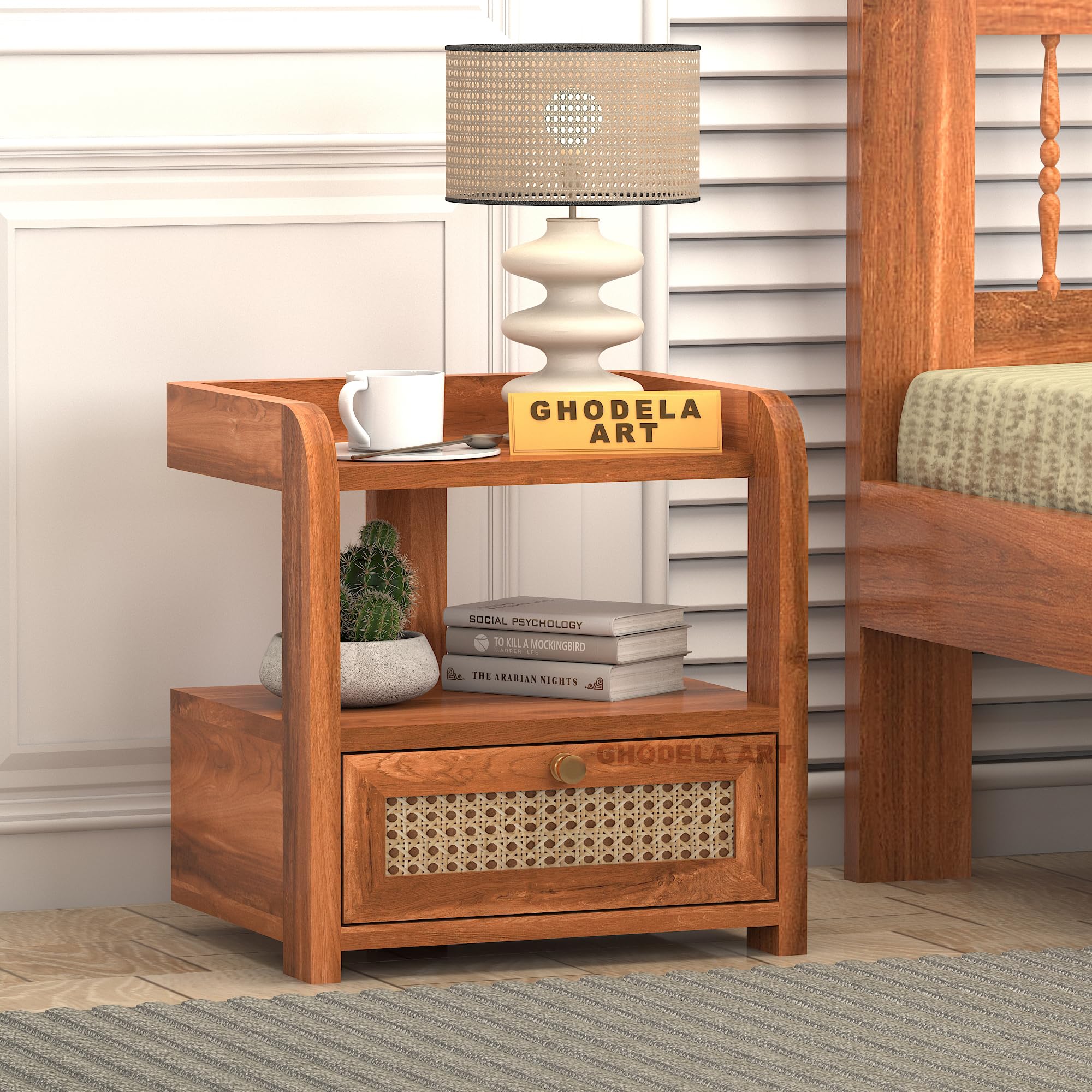 Solid Wood Bedside Table with Drawer & Open Shelf | Modern Wooden Nightstand with Cane Panel Design | Compact Side Table for Bedroom & Living Room | Honey Finish-image-20