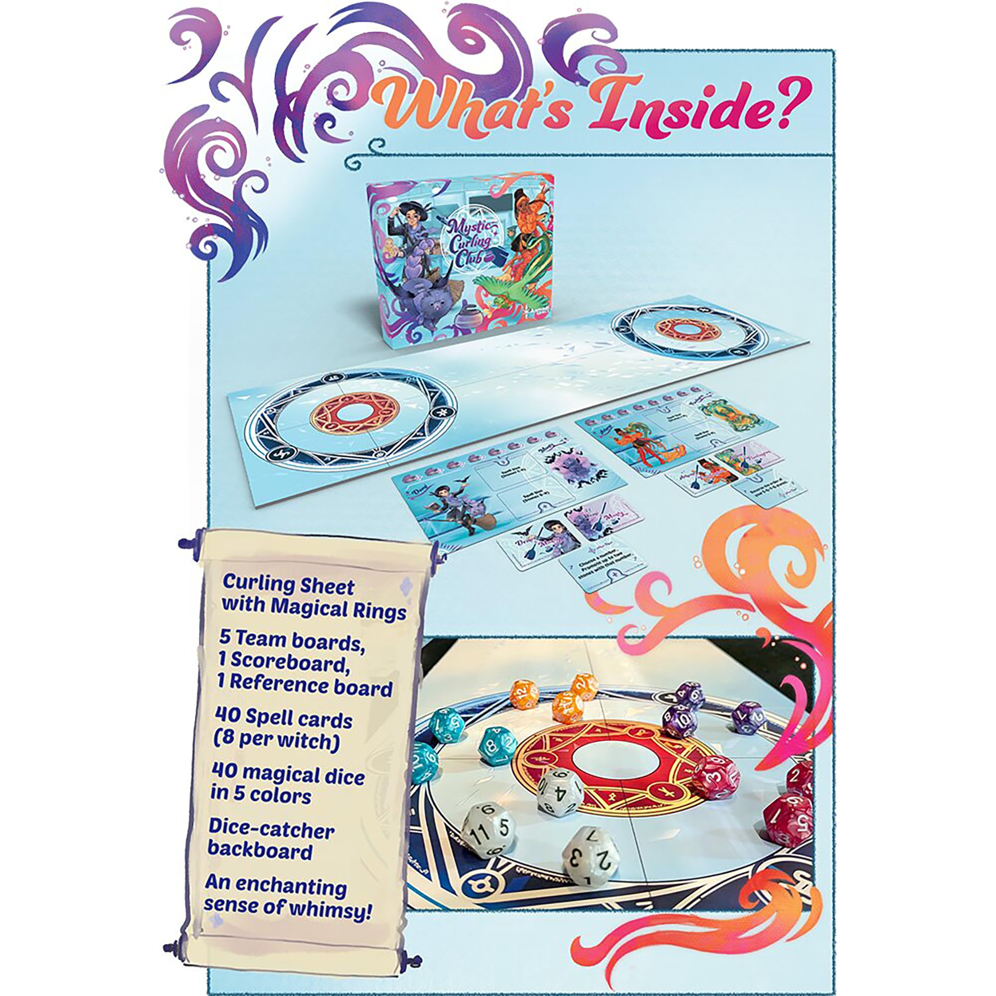 Asmadi Games: Mystic Curling Club - Juego de dados de mesa, giro mágico en el deporte clásico, piedras d12, equipos de brujas y familiares, a partir de 10 años, 2-5 jugadores
