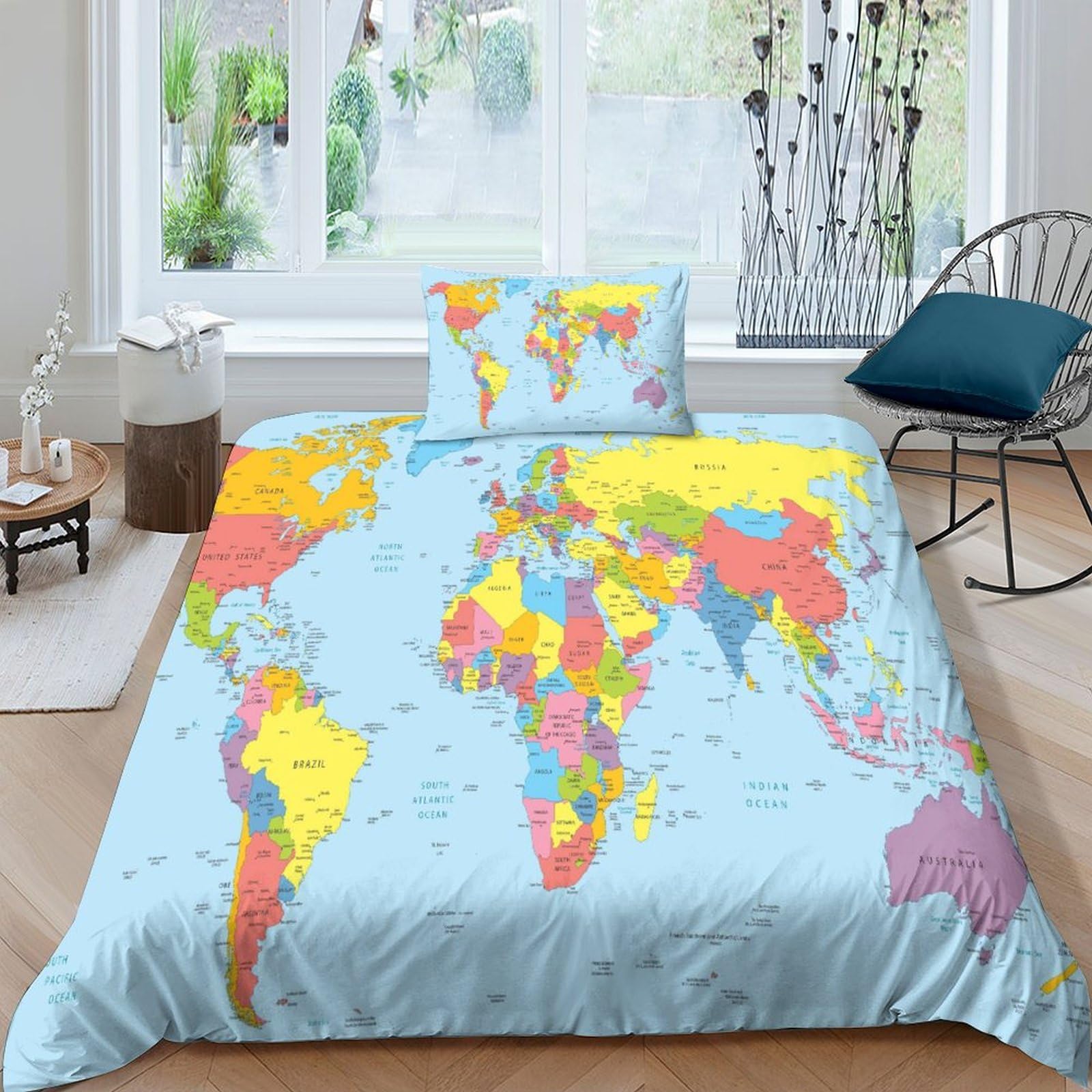 AAHARYA World Map 3D World Map Printed Duvet Cover with Pillowcases Bedding Set with Zipper Closure Hypoallergenic Soft Microfiber Quilt Cover Set Single（135x200cm）