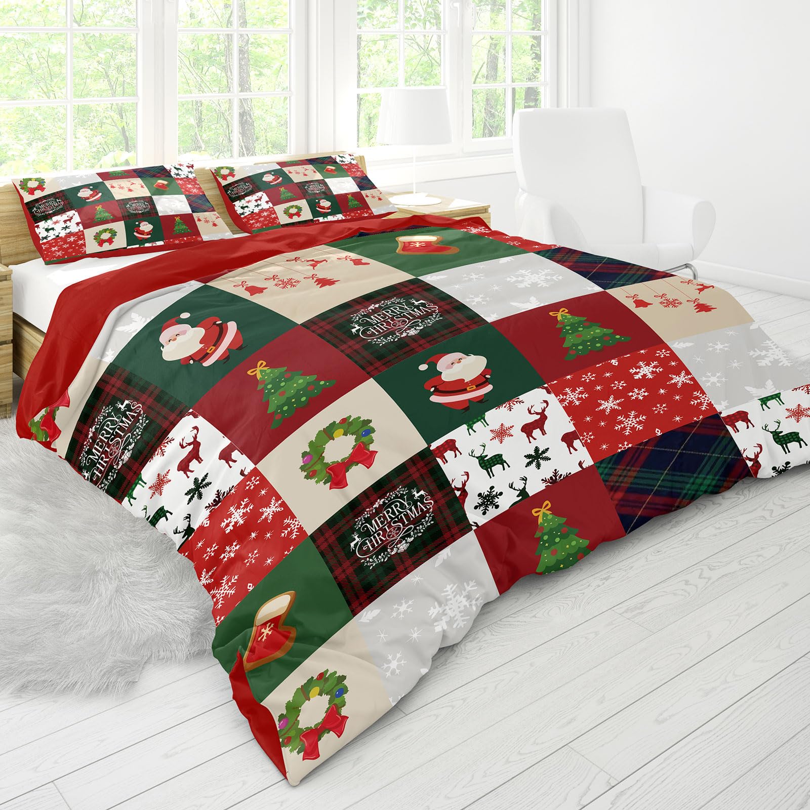 Copripiumino Natalizio Matrimoniale 200x200cm, set di biancheria da letto natalizia 3D con 2 federe, Babbo Natale, albero di Natale, cervo, regalo di Natala per bambini e adolescenti (F, 200x200cm)