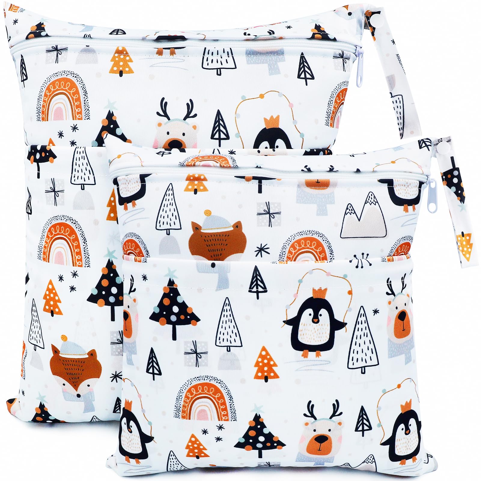 Sac à Couches Lavable, 2 Pcs Wetbag Réutilisable Etanche, Organisateur de Couches Double Fermeture Eclair Sac à Langer pour Bébé, Sac Fourre Tout de Voyage Plage (Pingouin Blanc)