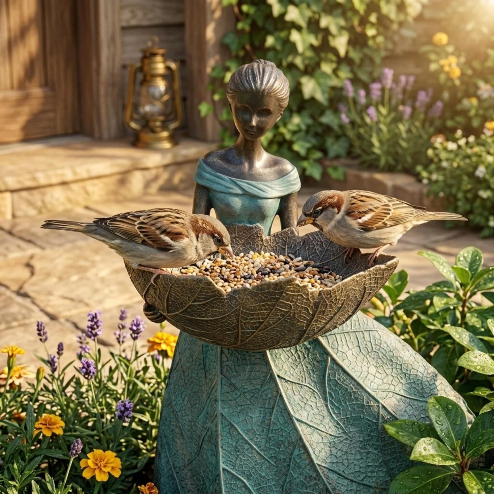 DiliComing Feengartenstatue, Vogelfutterstation – 30,5 cm, Feen-Statue für Heimdekoration, Kunstharz, Outdoor-Statuen für Gartendekoration, tolles Vogelfutterhaus, Gartengeschenk für Frauen, 30,5 x